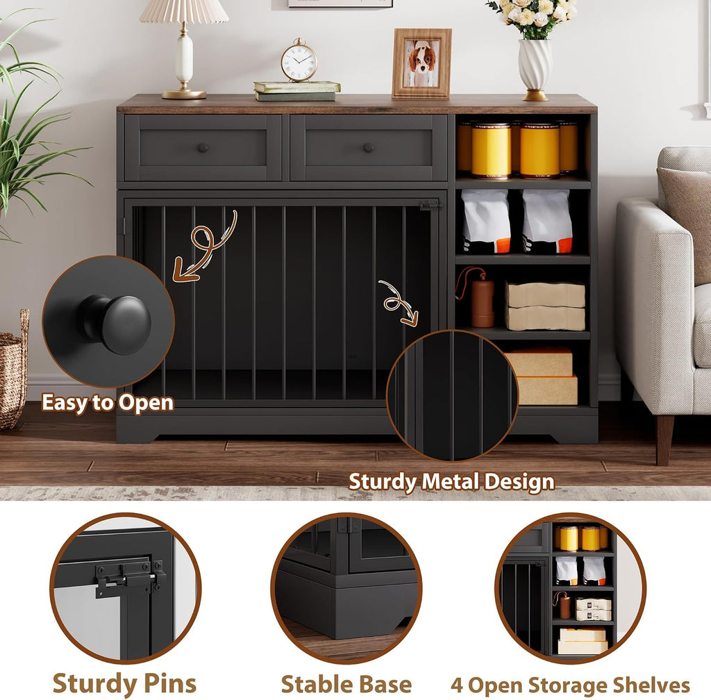 GAOMON Wooden Dog Crate Furniture with 2 Drawers and 4 Open Shelves, Multi-Functional Pet Kennel & TV Stand with Storage for Indoor Use, Black
