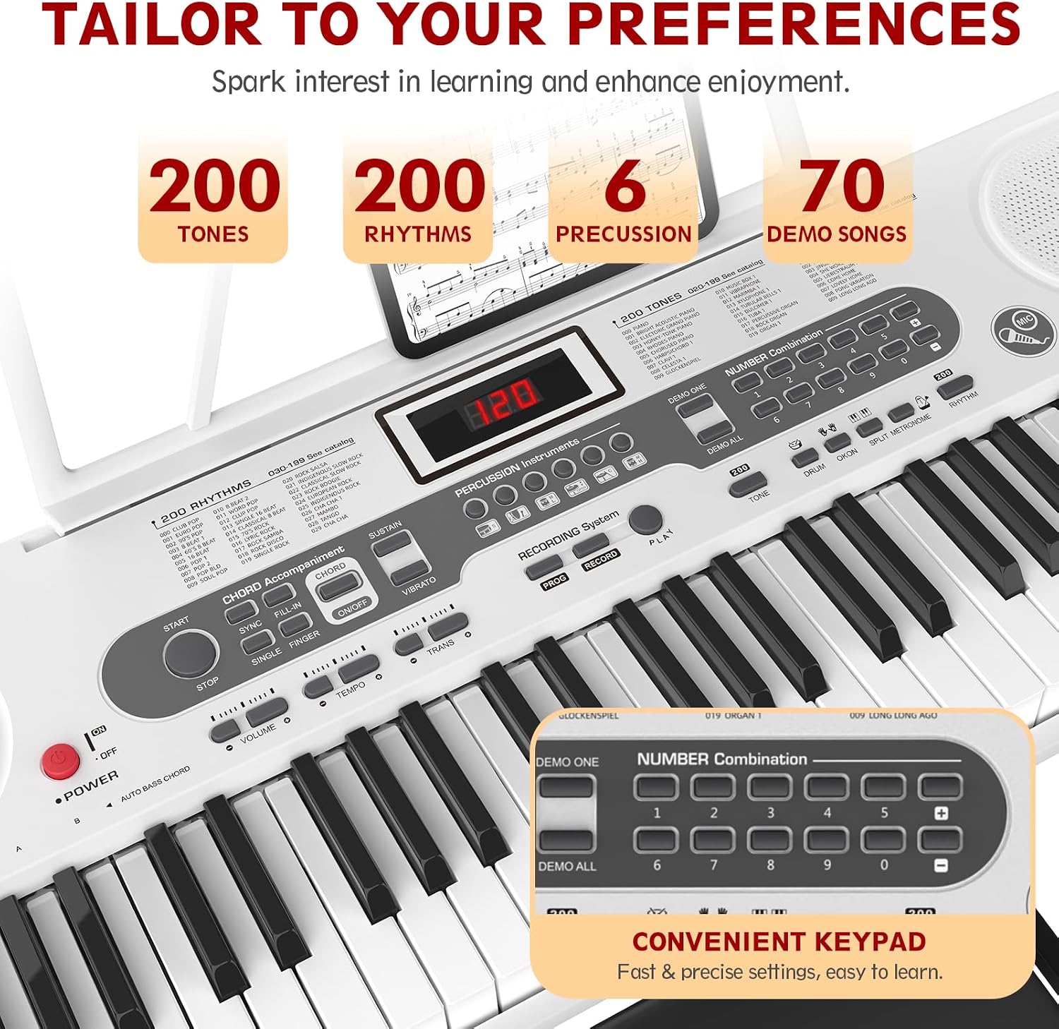Fenbeli 61 Key Keyboard Piano for Beginners, Electric Piano Keyboard with Stand and Bench, Microphone, Headphone, Sheet Music Stand, LED Screen, 200 Tones, Teaching Mode, Holiday Gift