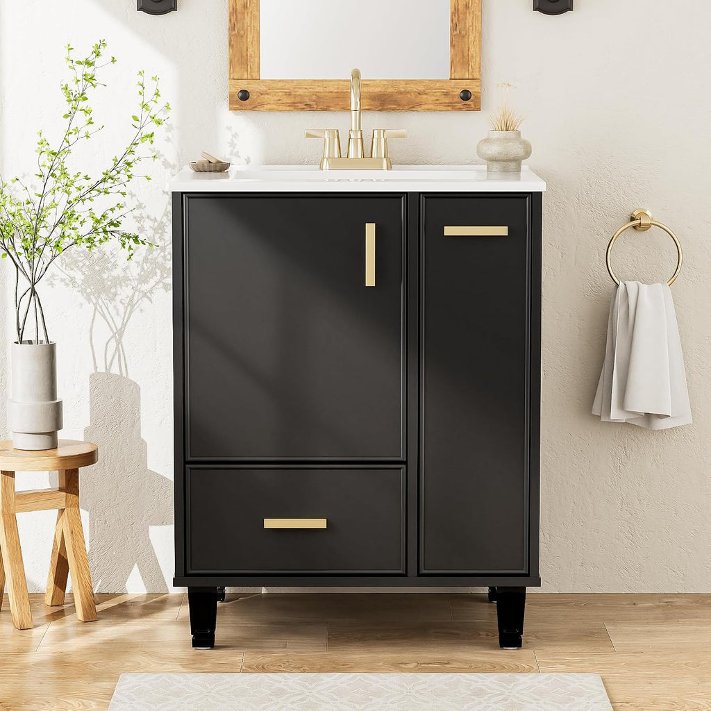 Harper & Bright Designs 24' Bathroom Vanity with Sink, Free Standing Vanity Set with Door Shelf, Deep Drawer, and 2-Tier Pull-Out Basket, Wood Storage Cabinet with Ceramic Basin for Bathroom, Black