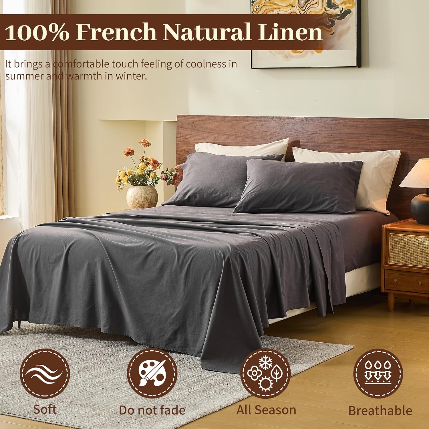 MEISHANG 100% French Pure Linen Sheets Queen Size - Bed Sheets 4 Piece Sets, Soft Durable Flax Linen, Anti-Tear Breathable Oeko-Tex Certified with 16' Deep Pocket (Dark Grey)