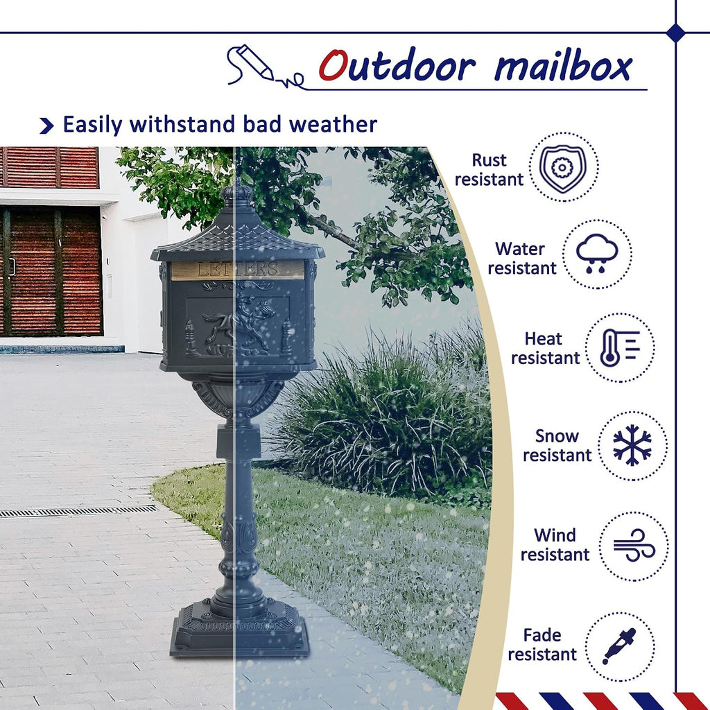 Retro Locking Mailboxes for Outside Aluminum Freestanding Mailbox with Post, Heavy Duty Mail Boxes for House with Post, Black