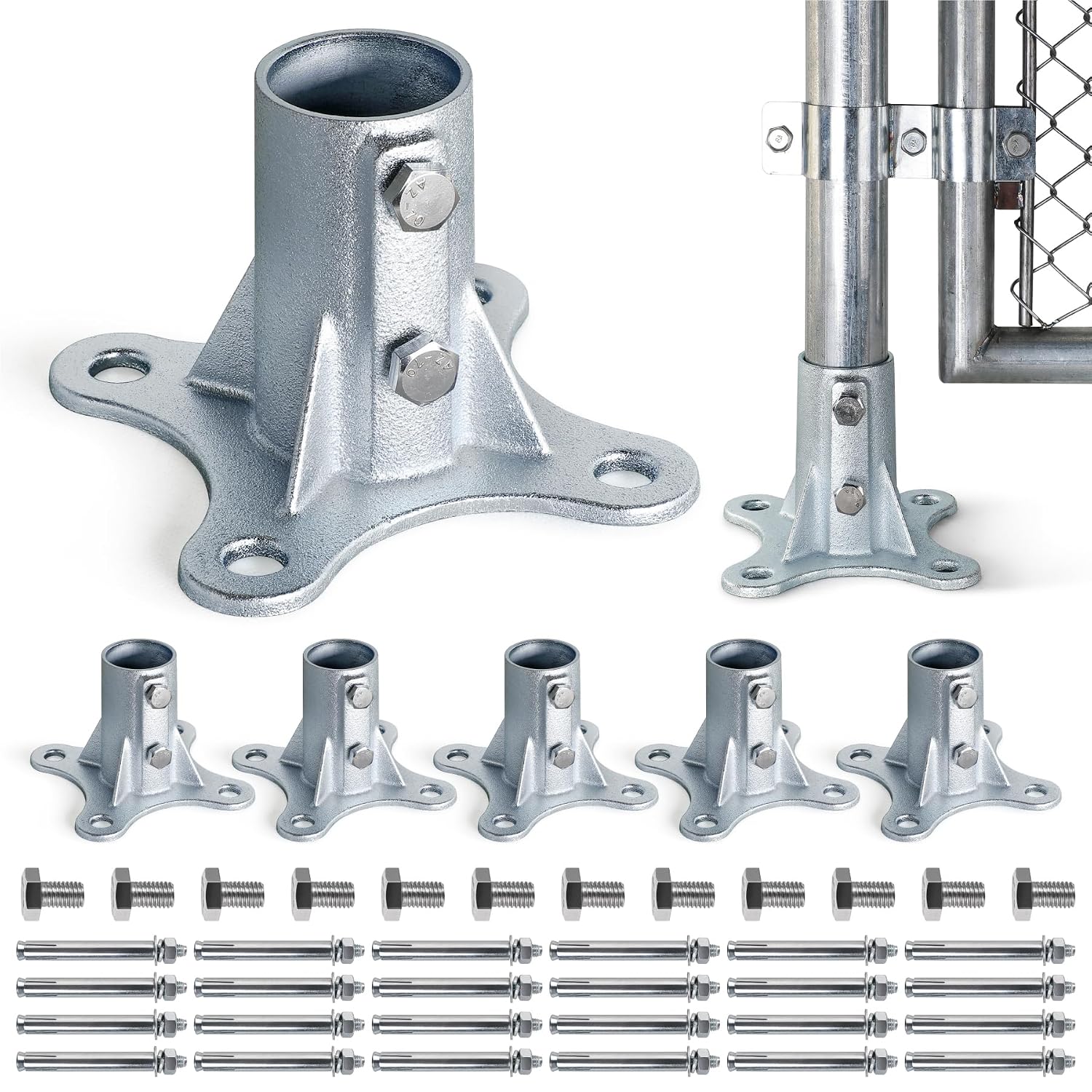 Chain Link Fence Post Flange - 2' Heavy Duty Round Post Base Bracket (6-Pack) Fits 1-7/8' Outer Diameter Fence/Mailbox/Flag Posts - Floor Mount Flange Kit