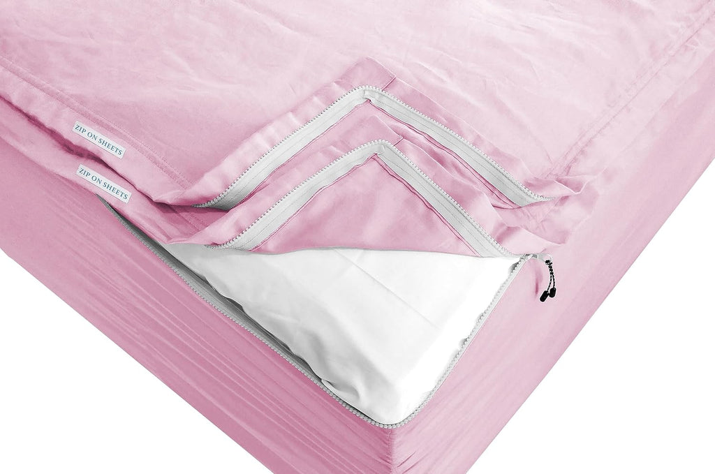 Zip On Sheets™ Zipper Fitted Sheet Queen Size - Upto 16' Inch Deep Pockets - Includes 1 Fitted Sheet Base & 2 Zip-On Sheets - Easy to Use, Sateen Cotton 500 TC Fitted Sheet - Baby Pink