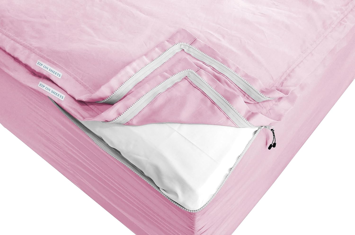 Zip On Sheets™ Zipper Fitted Sheet Queen Size - Upto 16' Inch Deep Pockets - Includes 1 Fitted Sheet Base & 2 Zip-On Sheets - Easy to Use, Sateen Cotton 500 TC Fitted Sheet - Baby Pink