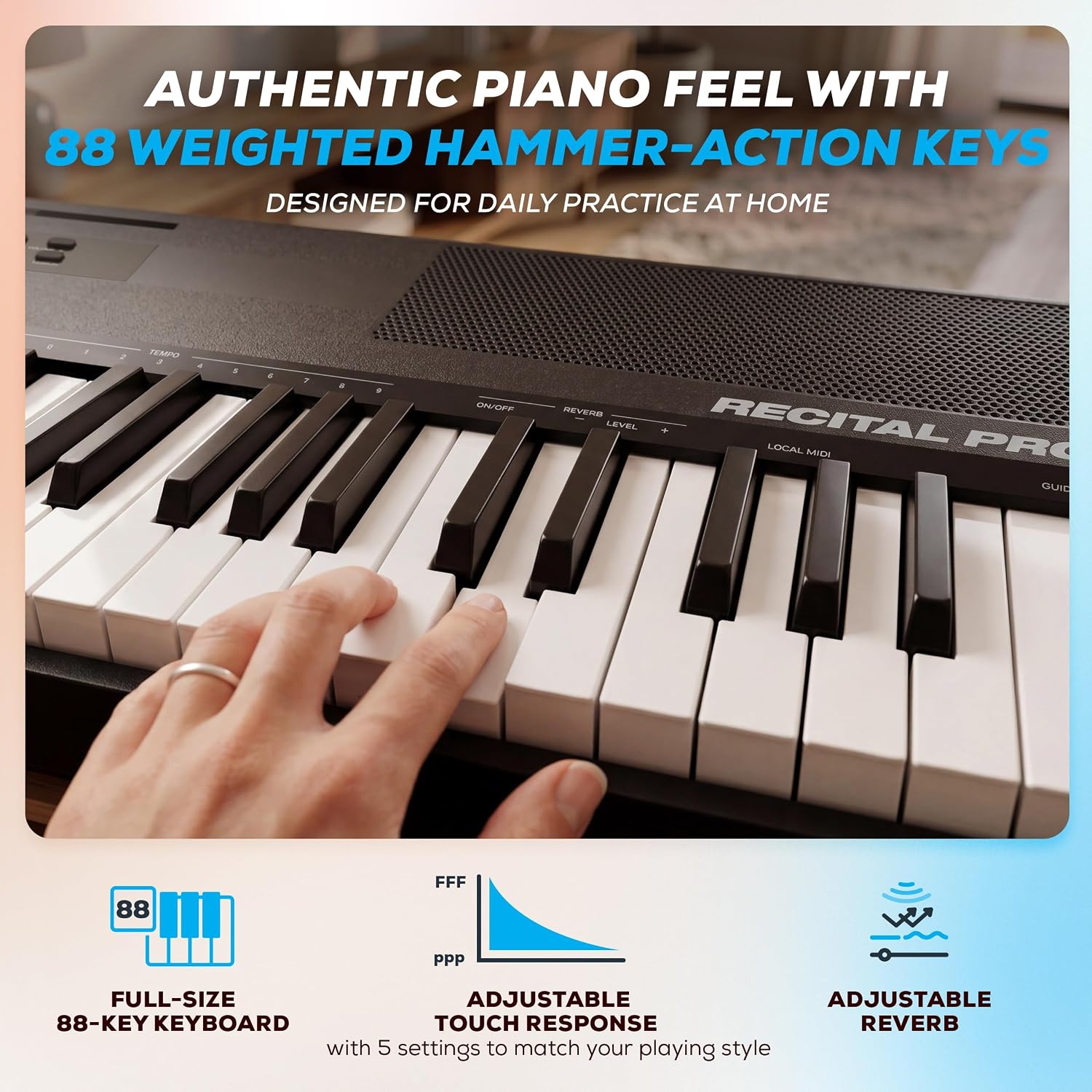 Alesis Recital Pro MKII 88-Key Digital Piano with Weighted Hammer-Action Keys, Speakers, 25 Sounds, USB MIDI and Audio, Sustain Pedal, Skoove and Melodics Piano Lessons