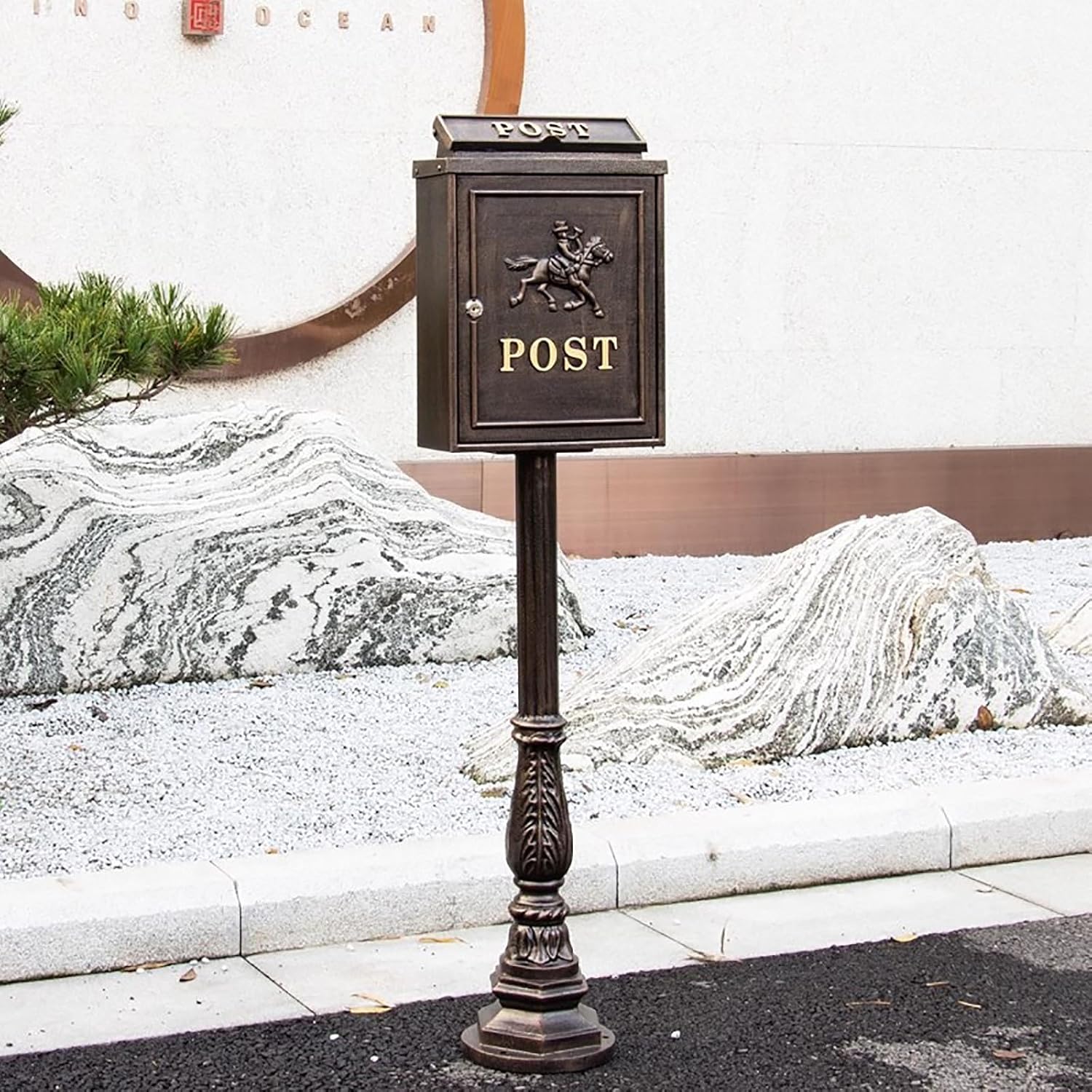 Mailboxes for Outside, Cast Aluminum Mailbox with Post, Heavy Duty Metal Mailbox with 2 Keys, for Home, Garden, Office(Brass)