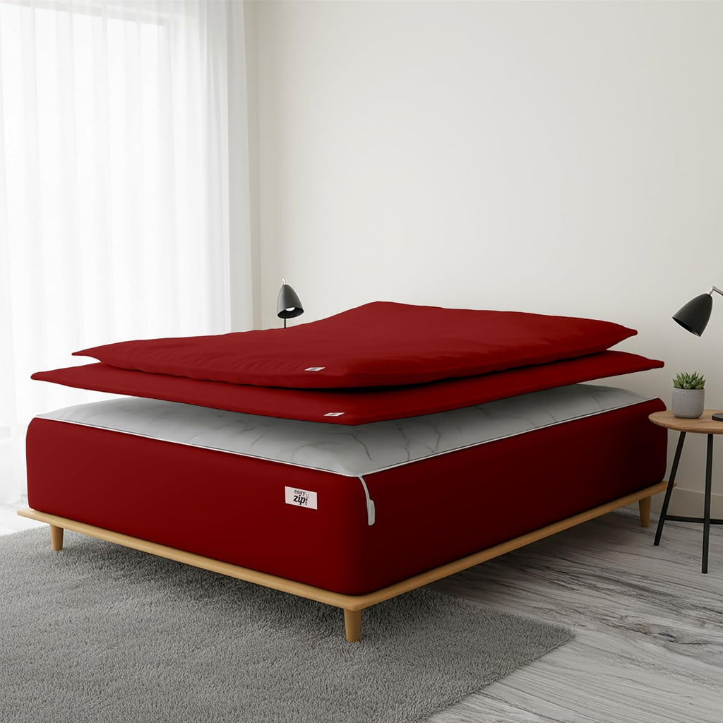 COTTON STICH 600 TC Zipper Fitted Sheet, 100% Egyptian Cotton, 18' Deep Pocket, Easy Zip Change, All-Around Secure Fit - Queen Size Bed - Burgundy