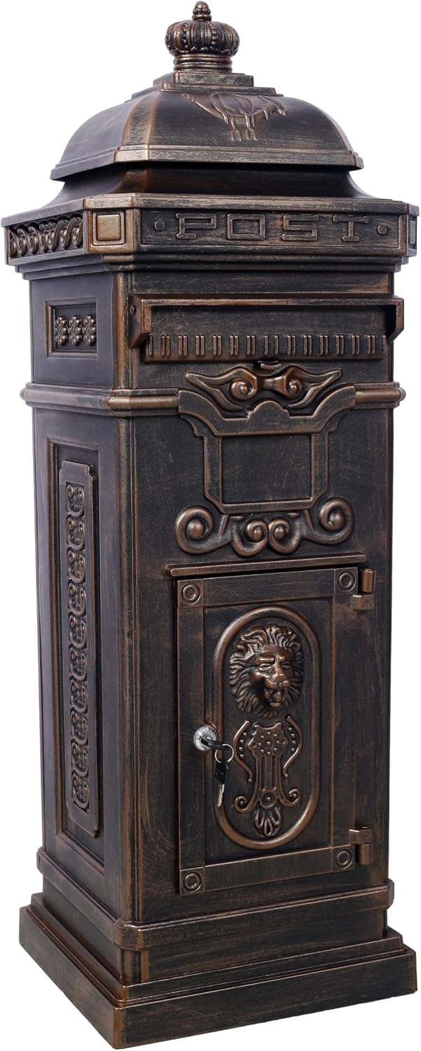 Vintage Large-Capacity Cast Aluminum Mailbox, Outdoor Weatherproof Floor Standing Postbox, Decorative Copper Finish Letter Box with Lock, Roman Column Design for Home Use (Bronze)