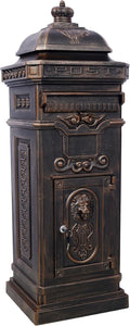 Vintage Large-Capacity Cast Aluminum Mailbox, Outdoor Weatherproof Floor Standing Postbox, Decorative Copper Finish Letter Box with Lock, Roman Column Design for Home Use (Bronze)