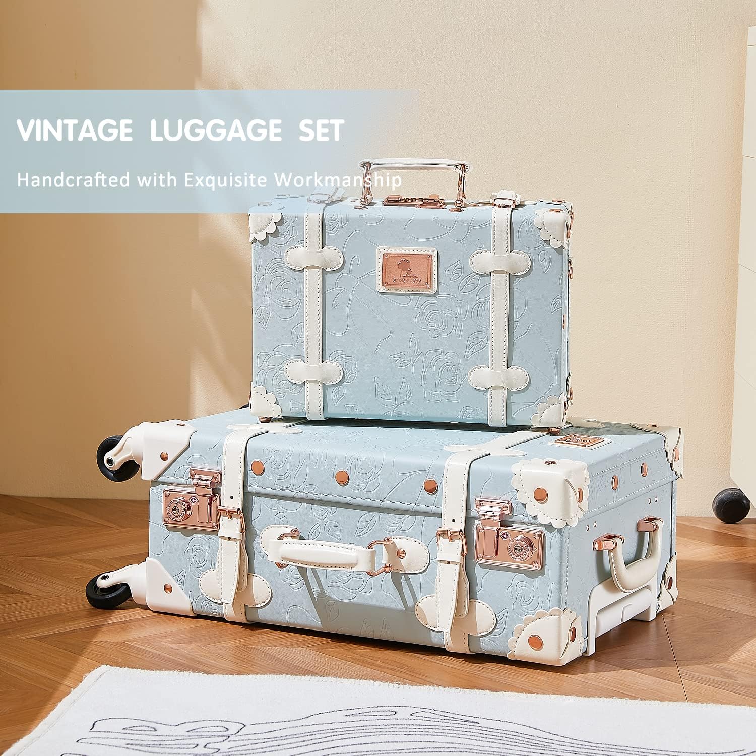 Unitravel 2 Piece Vintage Luggage Set, 20' Women Carry On Suitcase Set with TSA Lock, Faux Leather Spinner Trunk with 12' Train Case (Embossed Blue)