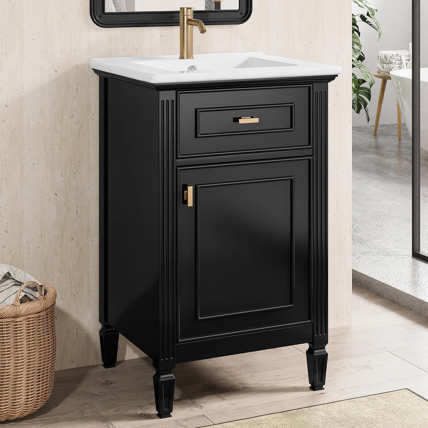Harper & Bright Designs 20' Bathroom Vanity with Sink, Free Standing Vanity Set with Tip-Out Drawer, Storage Racks, and Adjustable Shelf, Wood Bathroom Cabinet with Ceramic Basin for Bathroom, Black