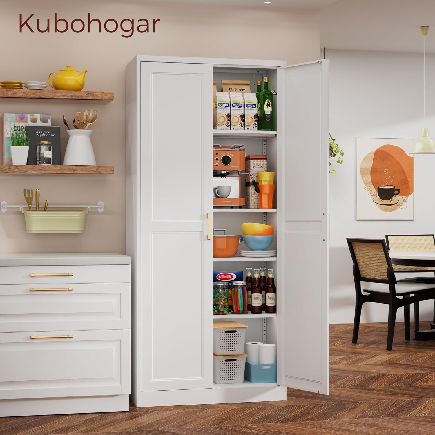 71' Tall Metal Pantry Cabinet, White Kitchen Pantry Storage Cabinet with 4 Adjustable Shelves and Gold Handles, Cupboard for Kitchen, Dining Room, Living Room, Bathroom