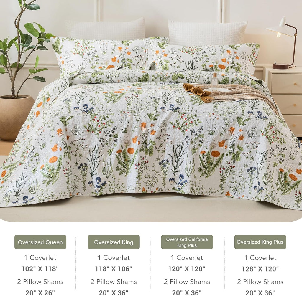 Lady Ann Oversized King Quilt Bedspreads 120x120-100% Cotton Floral California King Size Quilt Bedding Set Yellow Flowers & Leaves Pattern Plant Botanical Printed Quilted Coverlet Set, 3 Pcs