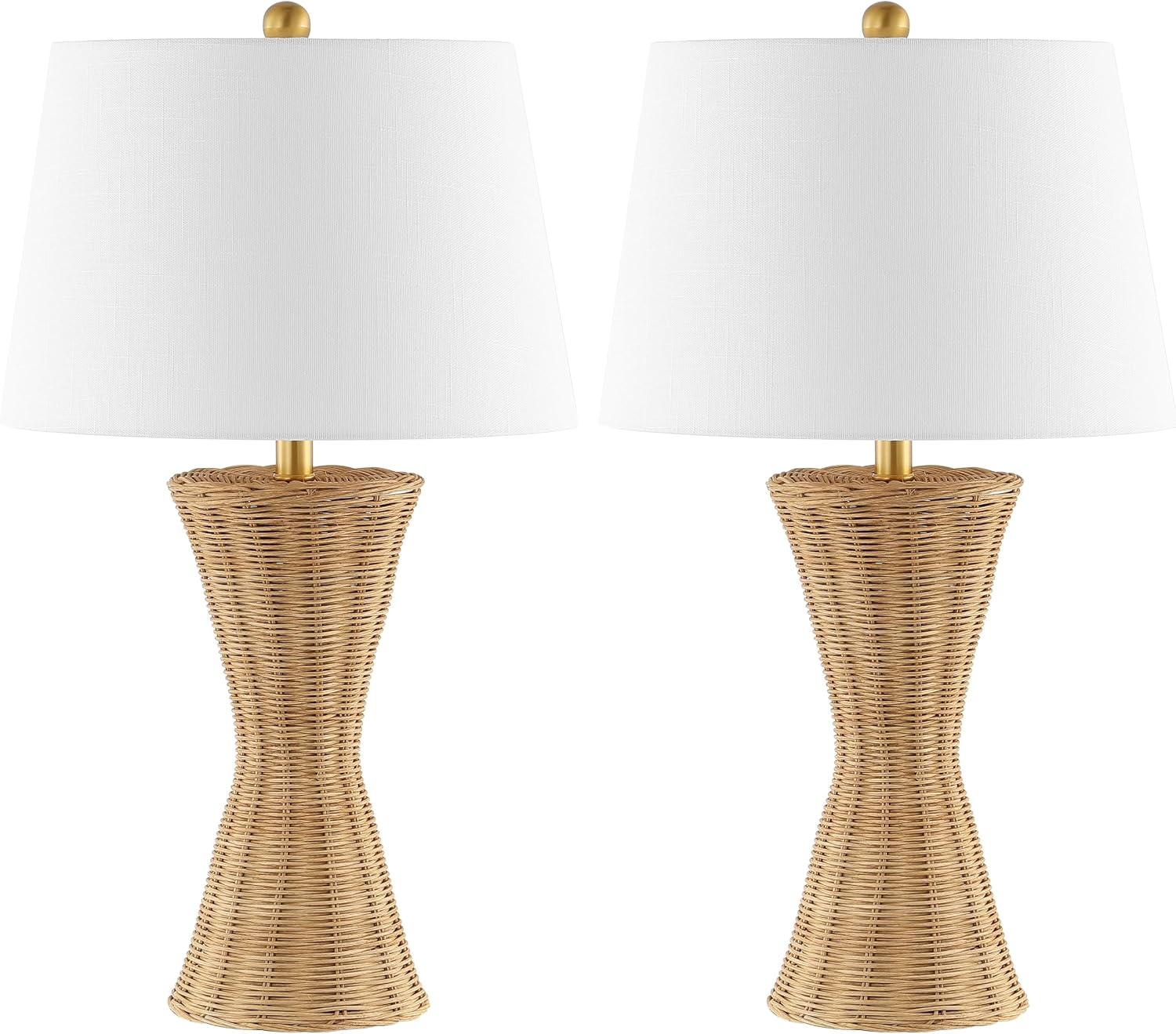 JONATHAN Y 27' Natural Woven Rattan Hourglass Table Lamp Coastal Geometric Wicker Bedside Lamp for Living Room Bedroom with White Fabric Shade Set of 2 LED Bulbs Included JYL4048A-SET2
