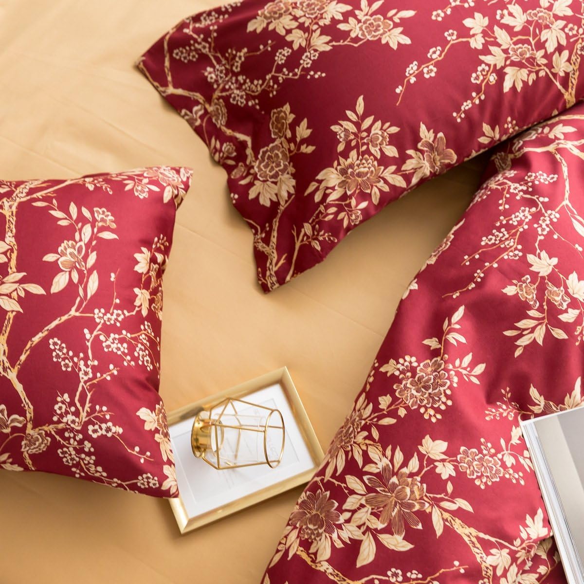 Eikei Eastern Floral Chinoiserie Blossom Print Duvet Quilt Cover Navy Blue Tan White Asian Style Botanical Tree Branches Ornamental Drawing 400TC Egyptian Cotton 3pc Bedding Set (King, Garnet)