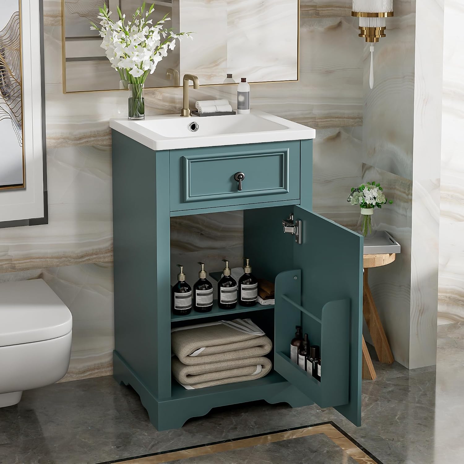 20 Inch Blue Green Bathroom Vanity with Ceramic Sink and Adjustable Shelf, Modern Bathroom Cabinet with Over Door Storage Rack and Soft Close Door
