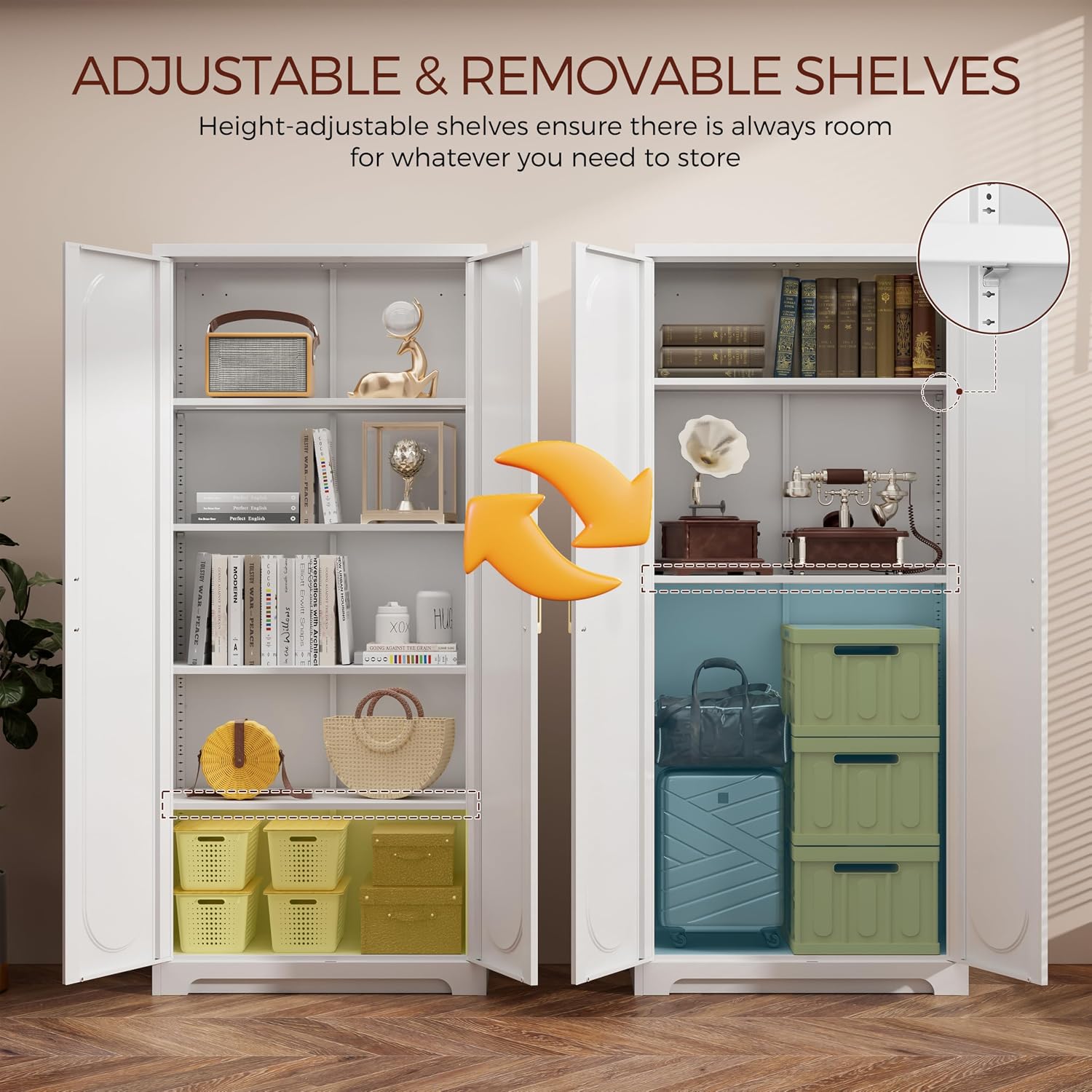 71' White Pantry Cabinet with Doors, Tall Metal Kitchen Pantry Storage Cabinet with 4 Adjustable Shelves and Gold Handles, Cupboard for Laundry, Dining Room, Living Room, Bathroom