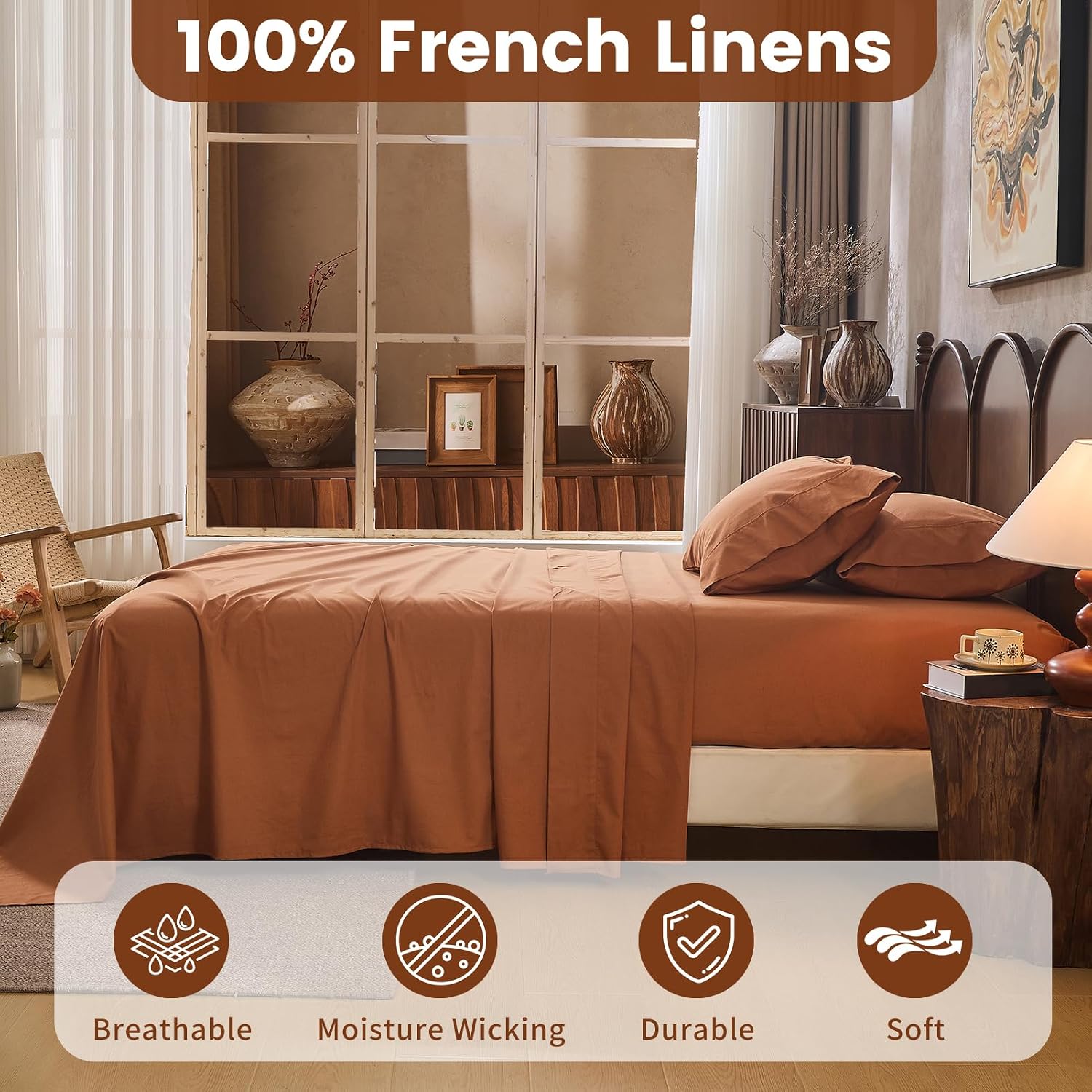 100% Linen Sheets Queen Size,Breathable & Durable 4-Piece Bed Flax Sheet Set,Soft All-Season Bedding for Hot Sleepers 16' Deep Pocket Oeko-TEX Certified,（Queen, Brown）