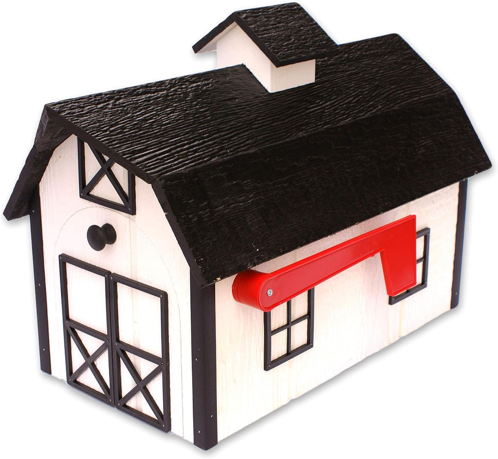 AmishToyBox Deluxe Wooden Mailbox, Dutch Barn Style with Rustic Cupola (White with Black Trim), Amish-Made