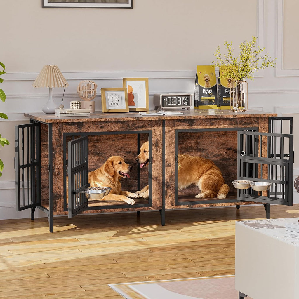 Grepatio 63' Double Dog Crate Furniture, Large Dog Kennel for 2 Dogs, Indoor Wooden Dog Crate with Rotating Feeder Bowls and 4 Doors, Heavy Duty Dog House TV Stand with Removable Divider
