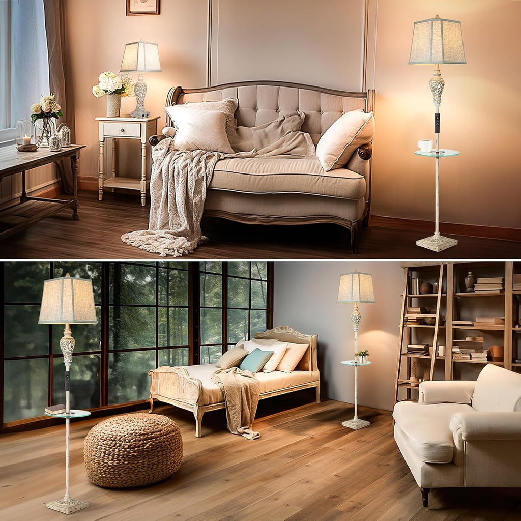 LuxSight Collection Rustic Floor Lamp, Living Room Lamps with Glass Tray, stepless diming Floor Lamp with Remote Control and USB A&C Charging Ports for Living Room Bedroom Office Smart Bulbs Included