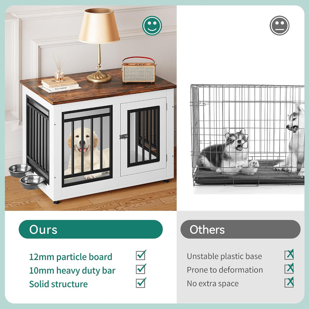 YITAHOME 28' Dog Crate Furniture, Wooden Side End Table with Adjustable Feet and Removable Bowls, Dog Kennel Indoor for Small Dogs