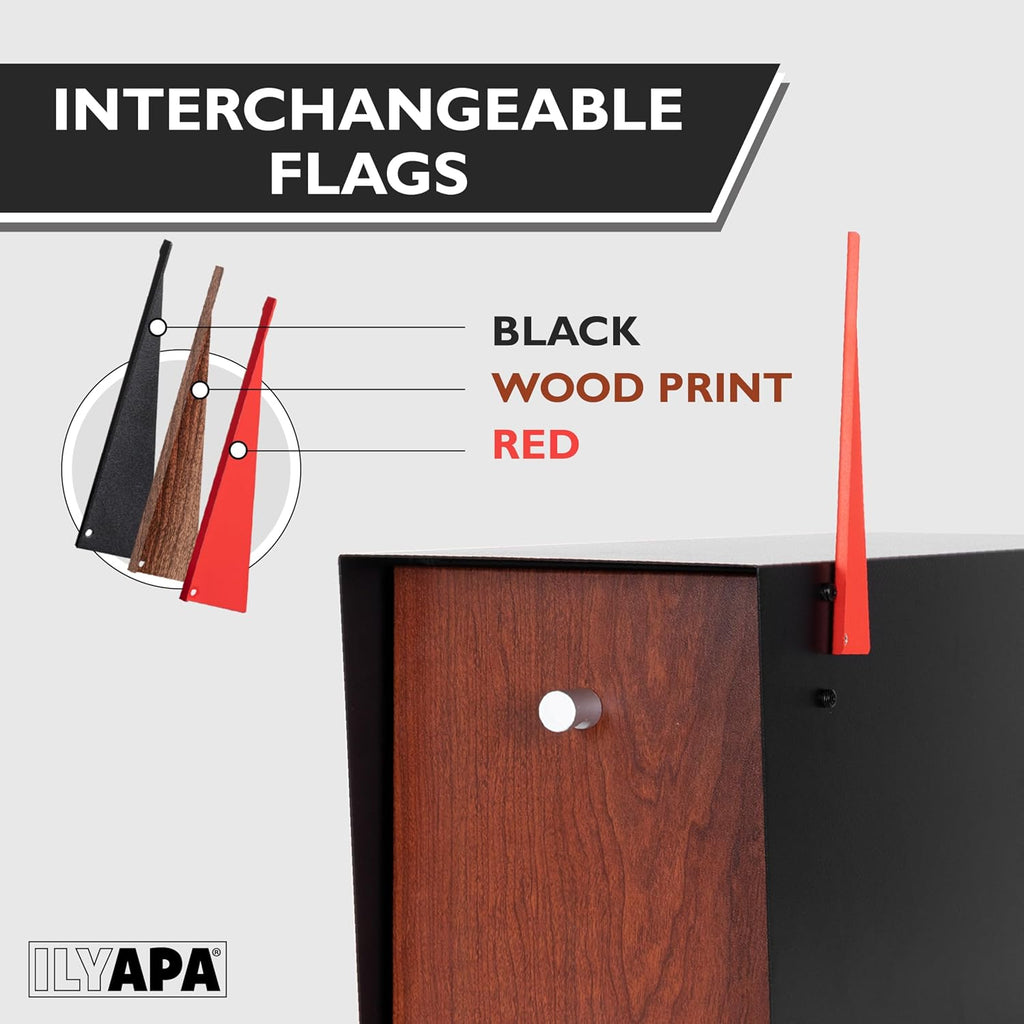 Ilyapa Modern Post Mount Mailbox (Black/Redwood Door) with Double Mailbox Post (43' Black Metal) - Secure Letterbox with Magnetic Close & Universal Mounting Bracket