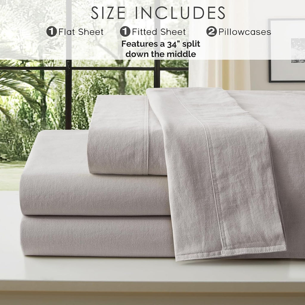 4Pcs Linen Sheets Flex Top Split Head King Size, 100% French Linen from Normandy, Natural Linen Split Head King Sheet Set with 16 Inch Deep Pocket, 1 Flat Sheet, 1 Fitted Sheet, 2 Pillowcases