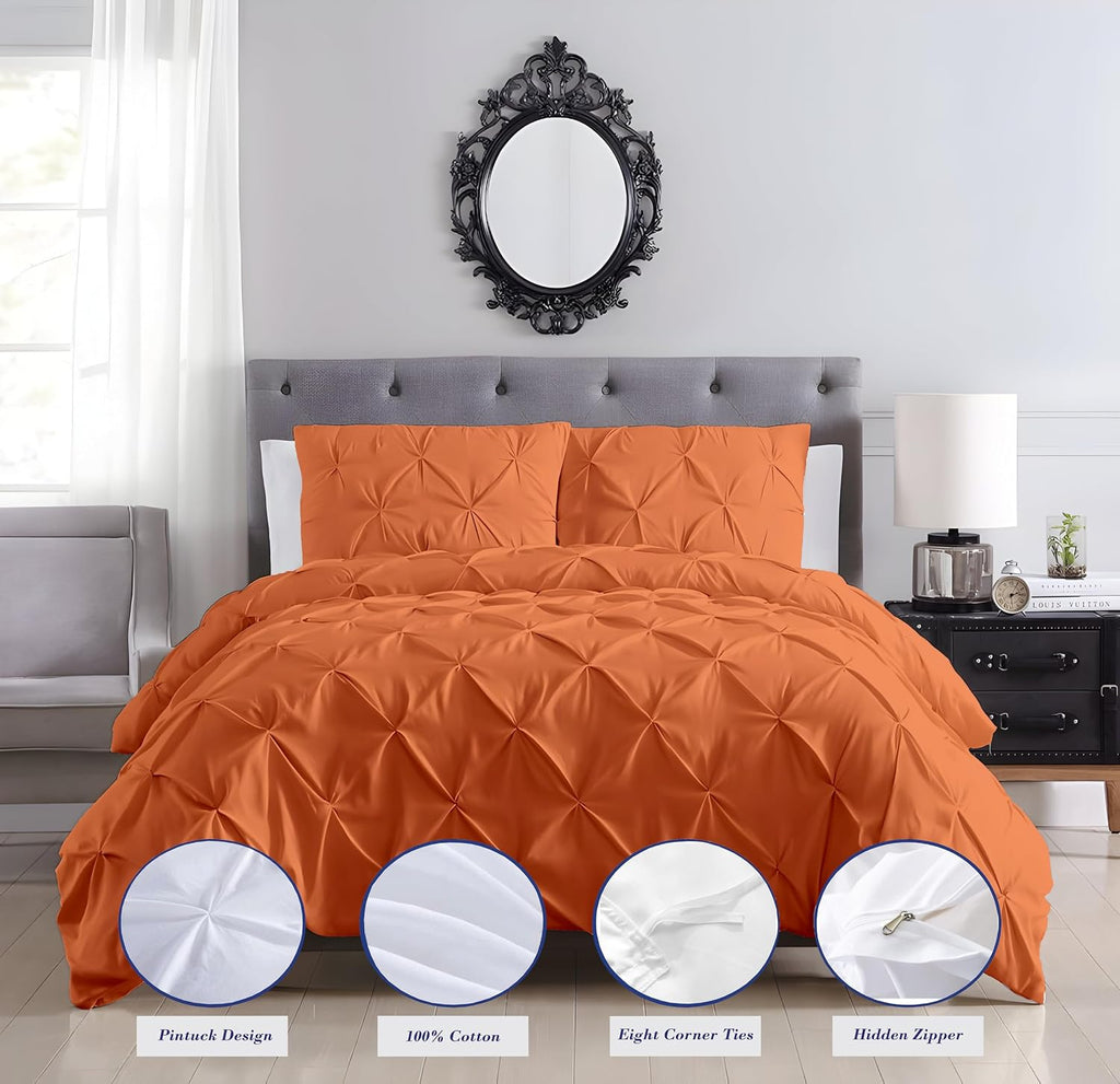 Pinch Duvet Cover Set Oversized Queen Size 1 Duvet Cover with 2 Pillow Shams 3-Pc Comforter Cover with Zipper Closure & Corner Tie 100% Egyptian Cotton Cover (98x98 Inch, Burnt Orange)