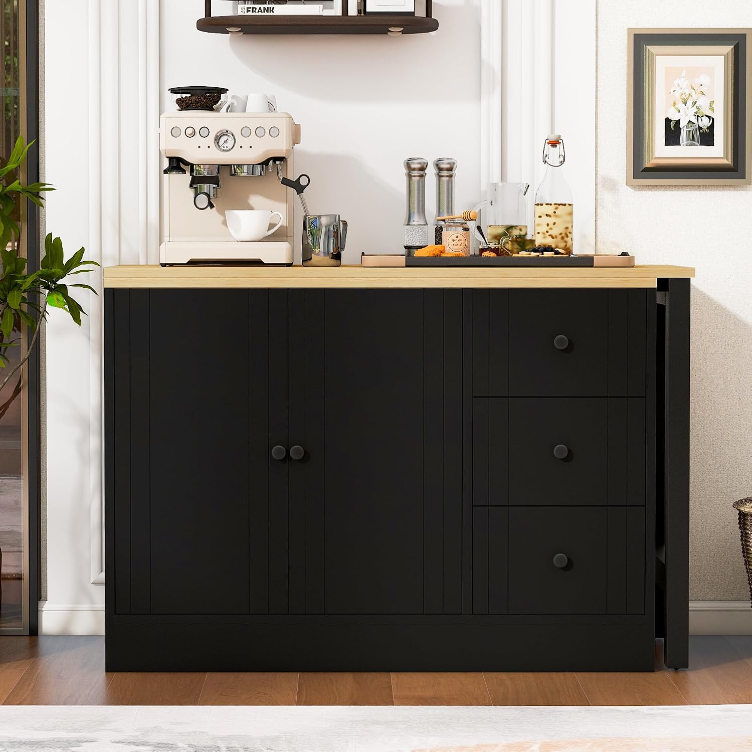 RUNNA 89.7''Wooden Sideboard with Extendable Table,Multifunctional Storage Cabinet with 2 Doors and 3 Drawers,for Living Room,Study,Foyer and Kitchen (Black+Natural#68)