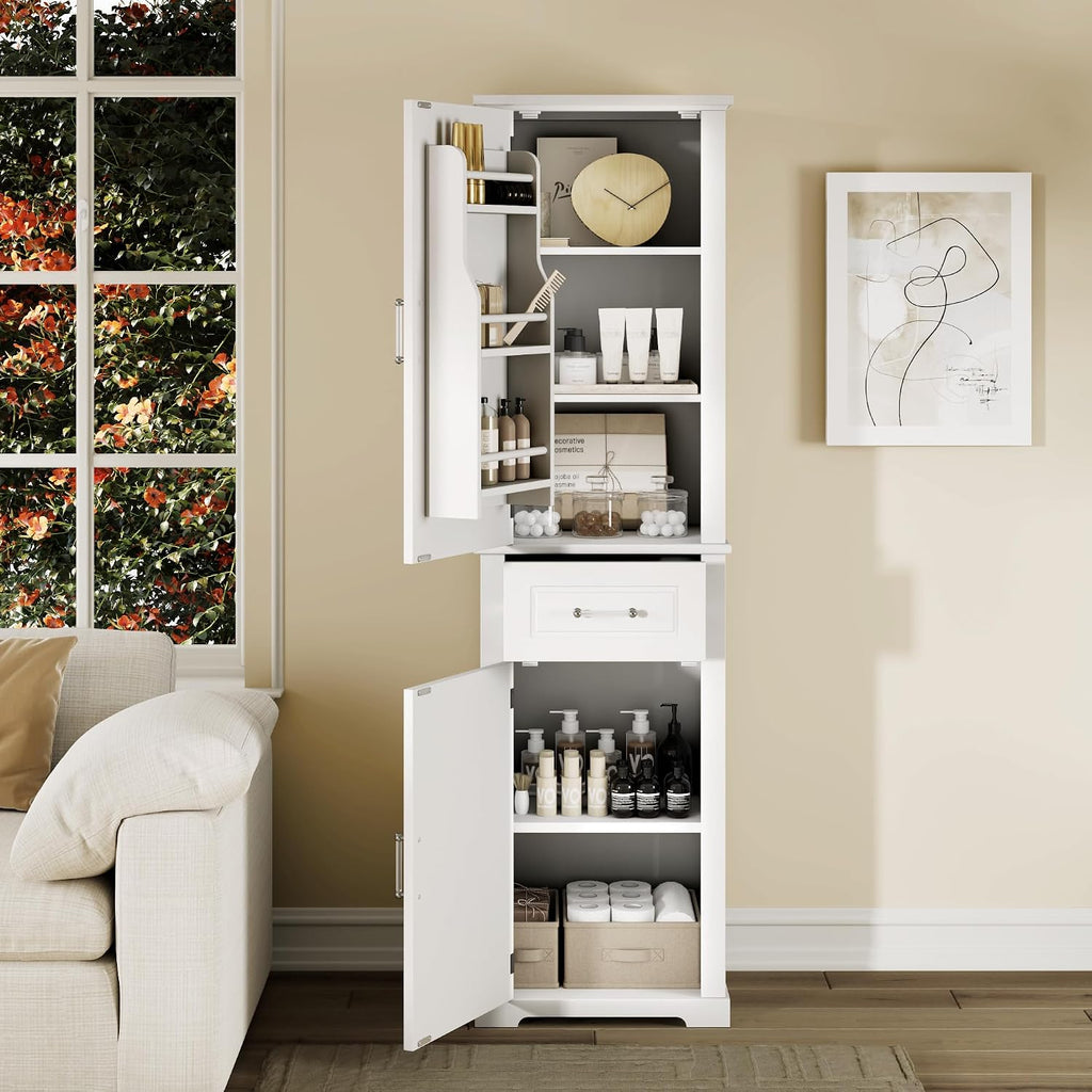 Tall Bathroom Storage Cabinet, Freestanding Bathroom Accent Storage Cabinet with Doors & Adjustable Shelves & Built-in Door Shelve for Home Kitchen, Living Room (White Style3)