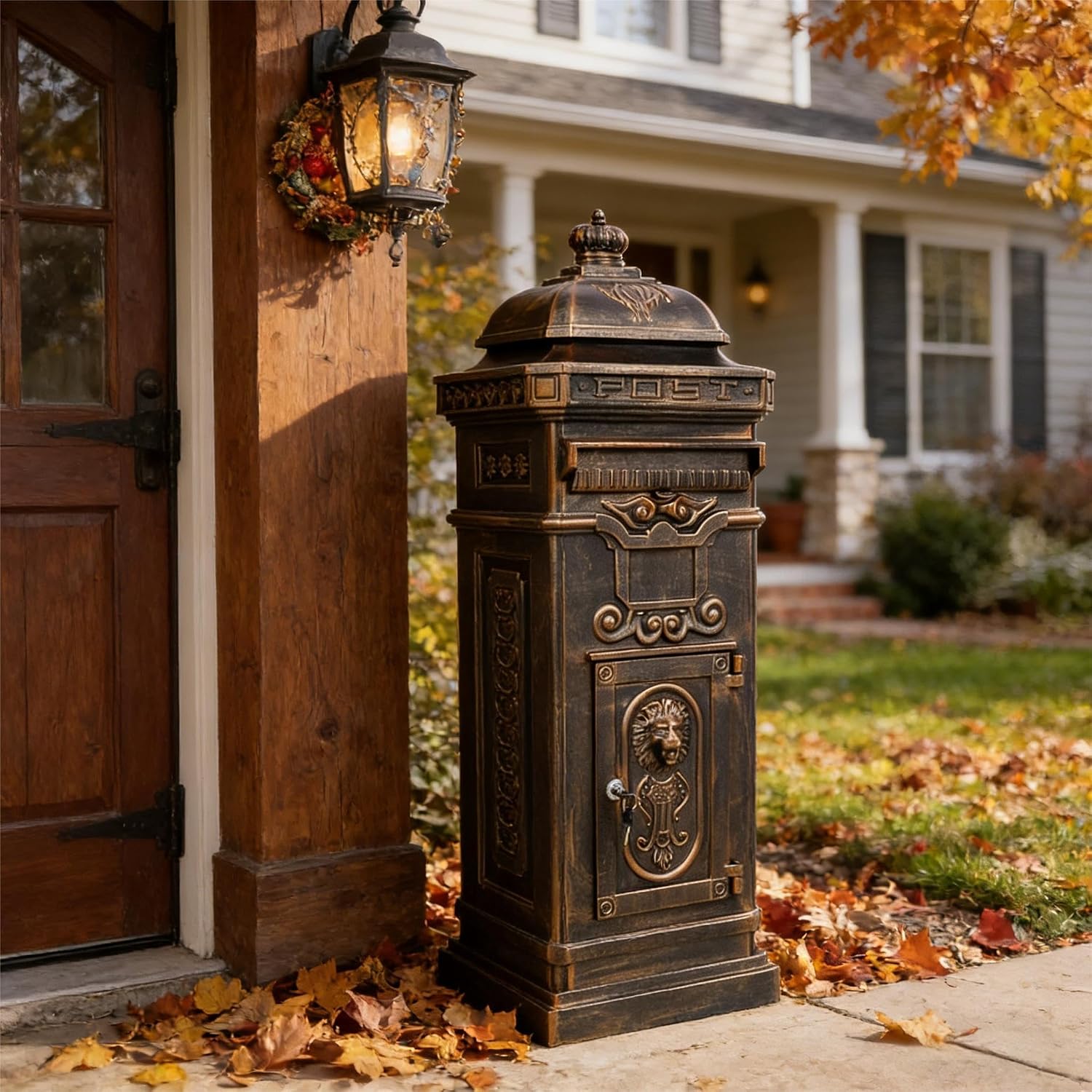 Copper Mailbox, Large Lockable Package Drop Box with Roman Statue, Rustproof Cast Aluminum Mail Boxes for Outside, Vintage Post-Mount Design, Weatherproof & Elegant Garden Letter Box (Bronze)