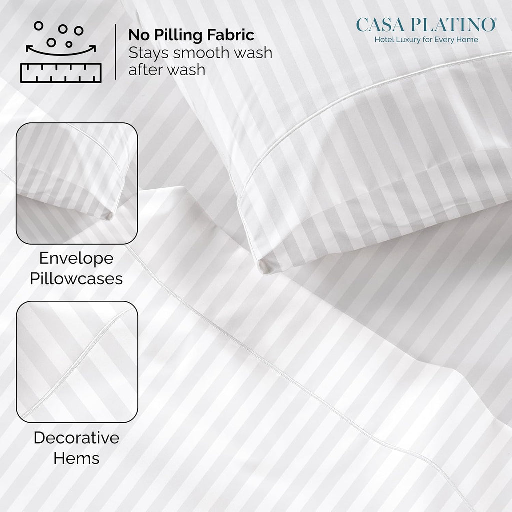Casa Platino 100% Egyptian Cotton Sheets California King Size Set - 6 Pieces - Damask Stripe- Smooth Sateen Weave Bed Sheets, 15' Deep Pocket - Pure White Sheet Set