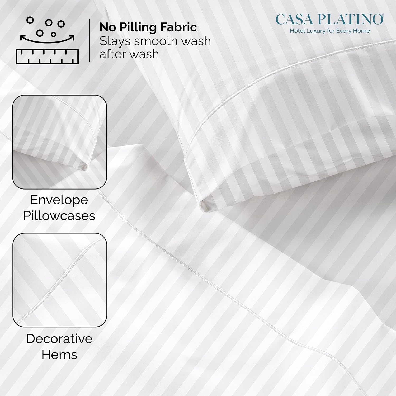 Casa Platino 100% Egyptian Cotton Sheets California King Size Set - 6 Pieces - Damask Stripe- Smooth Sateen Weave Bed Sheets, 15' Deep Pocket - Pure White Sheet Set