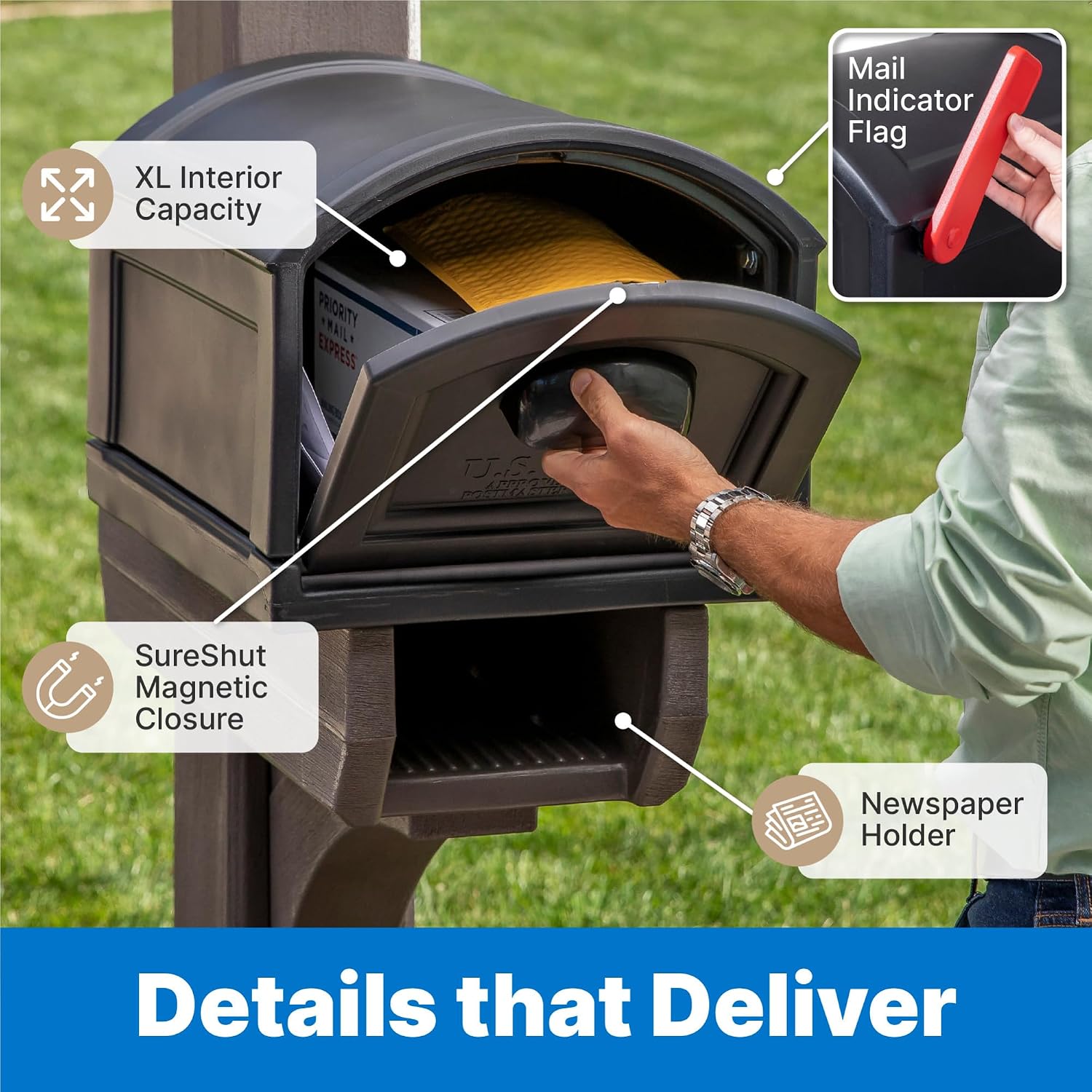 Step2 Lakewood Extra Large Mailbox & Post, Weather Resistant, Large Outdoor Mailboxes, Made of Durable Plastic, Easy to Install, Flag Included, Brown