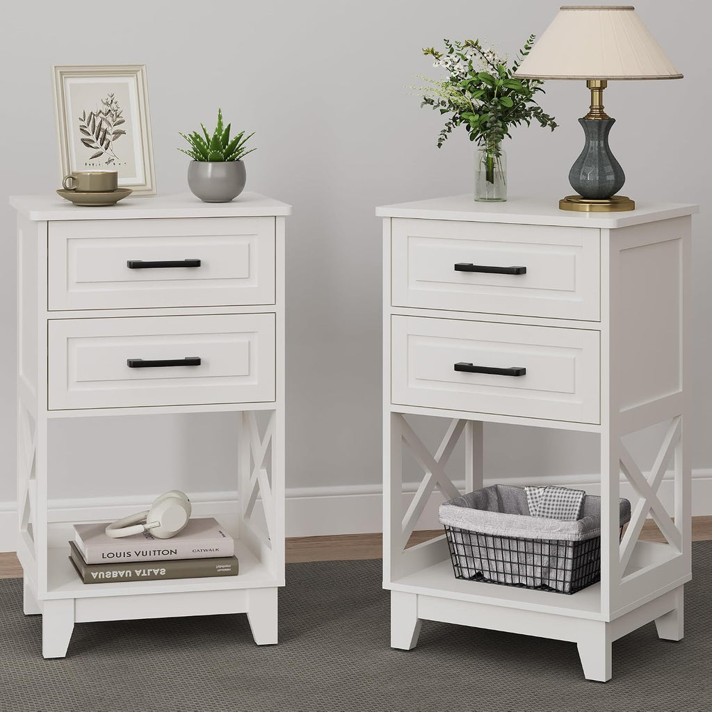 May in Color Nightstand Set of 2, 30' Tall Side Table with 2 Drawers and Open Shelf, Bedside Table with Solid Feet, Modern Night Stand End Table for Bedroom, Home Office, White