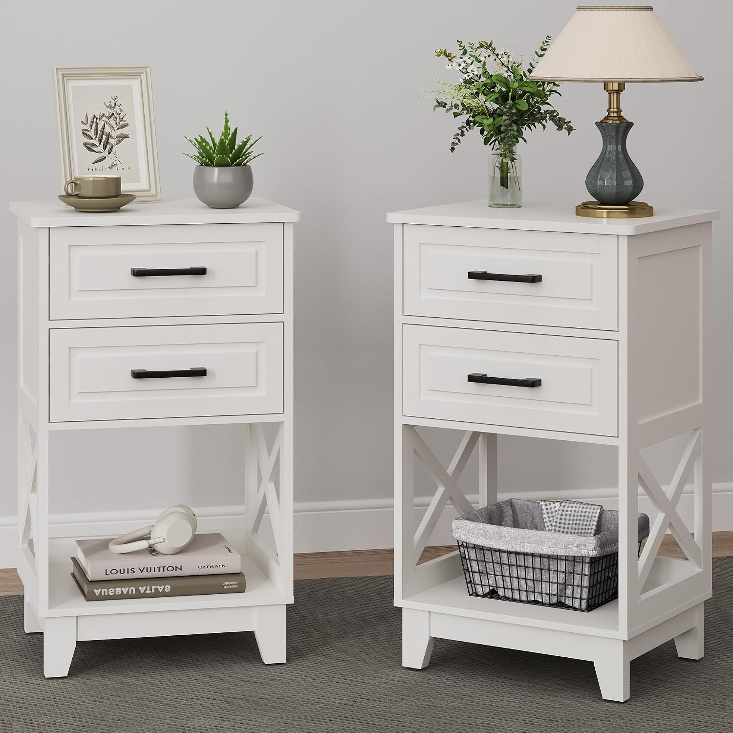 May in Color Nightstand Set of 2, 30' Tall Side Table with 2 Drawers and Open Shelf, Bedside Table with Solid Feet, Modern Night Stand End Table for Bedroom, Home Office, White