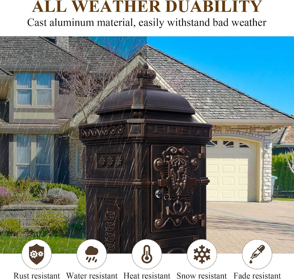 Vintage Large-Capacity Cast Aluminum Mailbox, Outdoor Weatherproof Floor Standing Postbox, Decorative Copper Finish Letter Box with Lock, Roman Column Design for Home Use (Bronze)