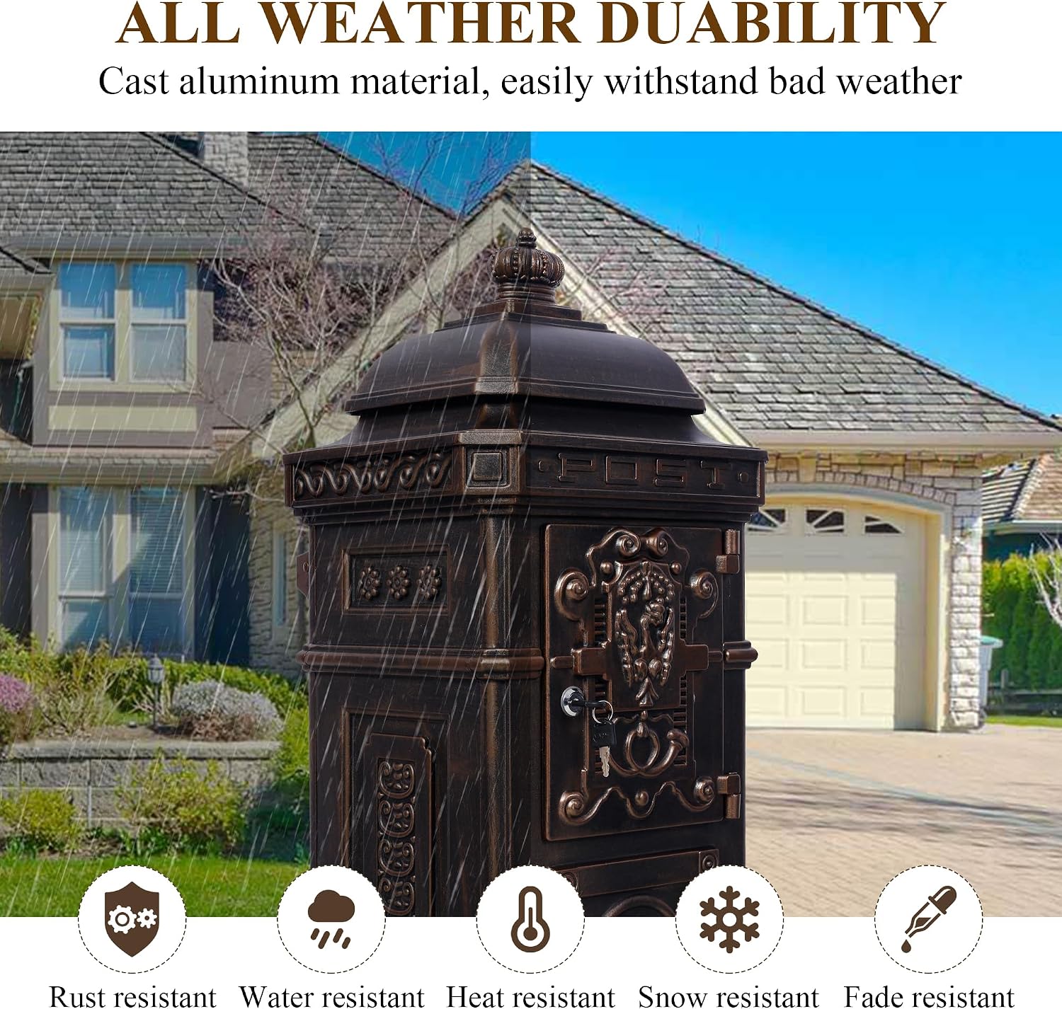 Vintage Large-Capacity Cast Aluminum Mailbox, Outdoor Weatherproof Floor Standing Postbox, Decorative Copper Finish Letter Box with Lock, Roman Column Design for Home Use (Bronze)