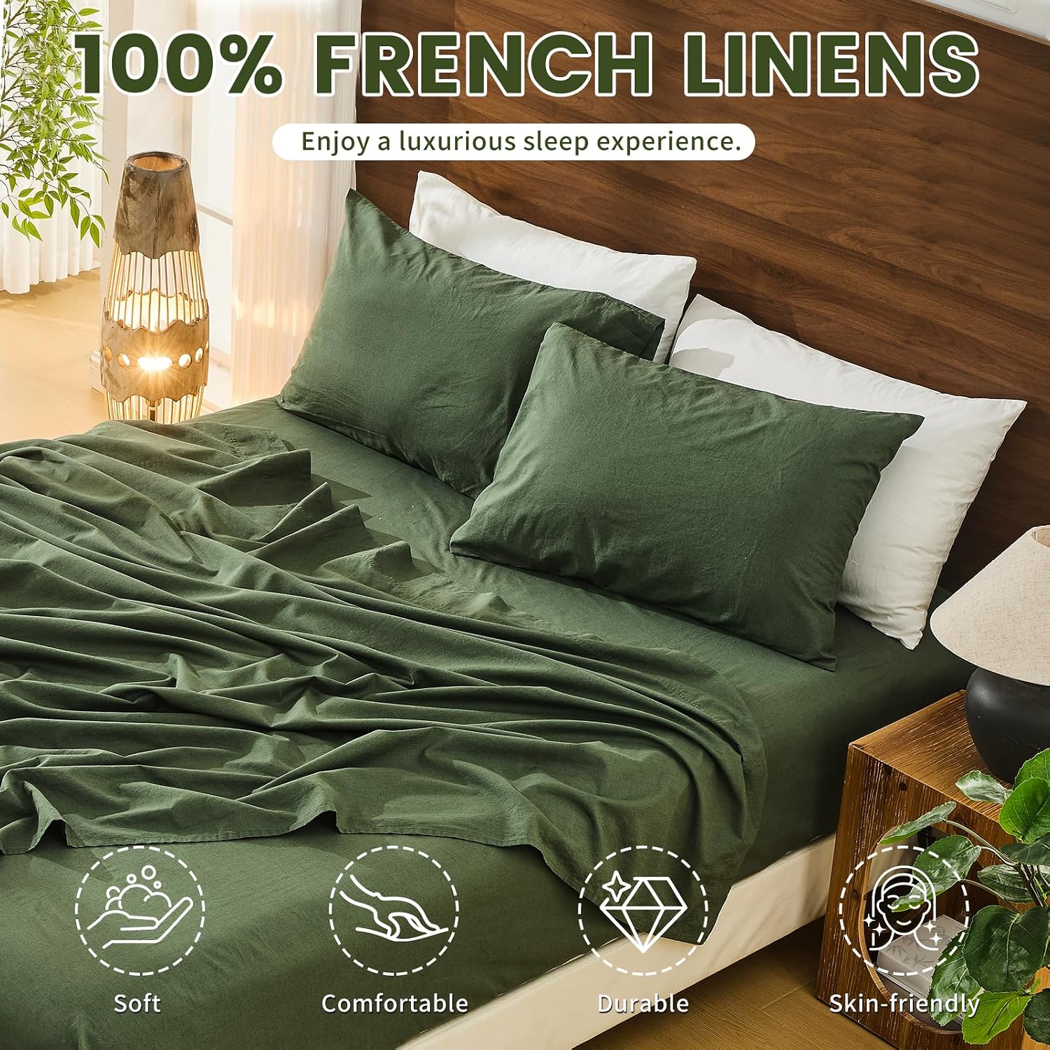 Bedlifes 100% French Pure Linen Sheets Queen Size Breathable and Cooling Flax Sheet Set Soft Durable and Moisture Wicking 16 Inch Deep Pocket-4 Piece(Queen,Forest Green)