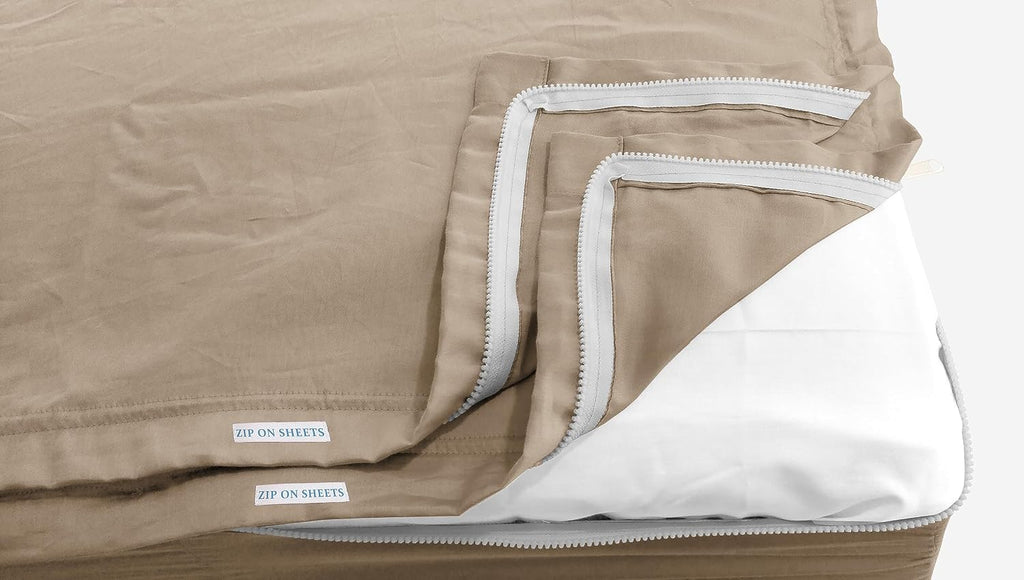 Zip On Sheets Full XL Zipper Fitted Sheets 54X80 - Includes 2 Zip On Sheet & 1 Fitted Sheet Base - 8' to 16' Inch Deep Pocket Zipper Sheets - Faster & Easier Microfiber Full XL Size - Baige