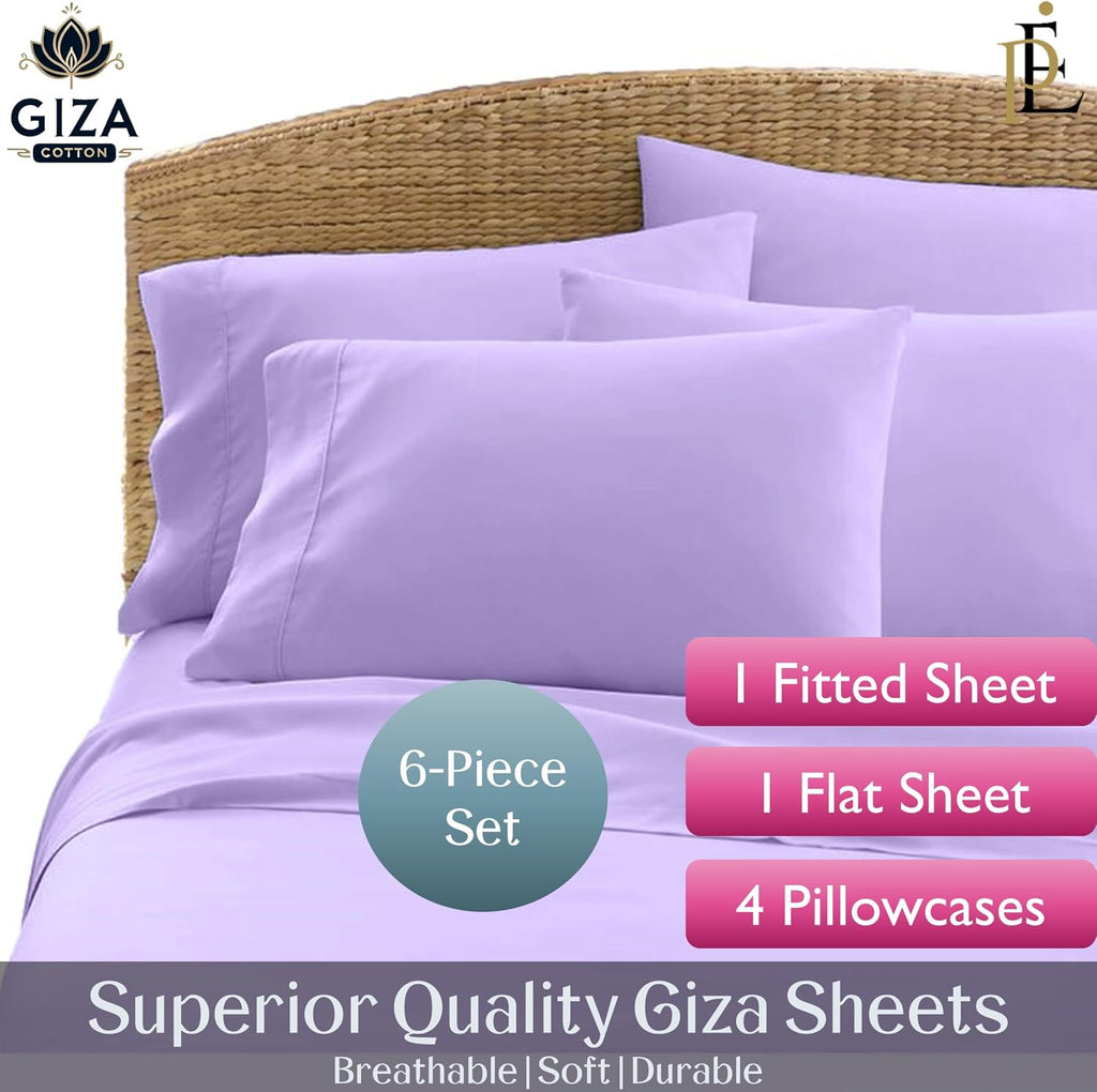 100% Giza Cotton, 1000 Thread Count, 6-PC Bed Sheet Set [Queen Size, Lilac Color] 18 inches Deep Pockets, Long Staple Cotton Breathable Soft Silky Sateen Weave
