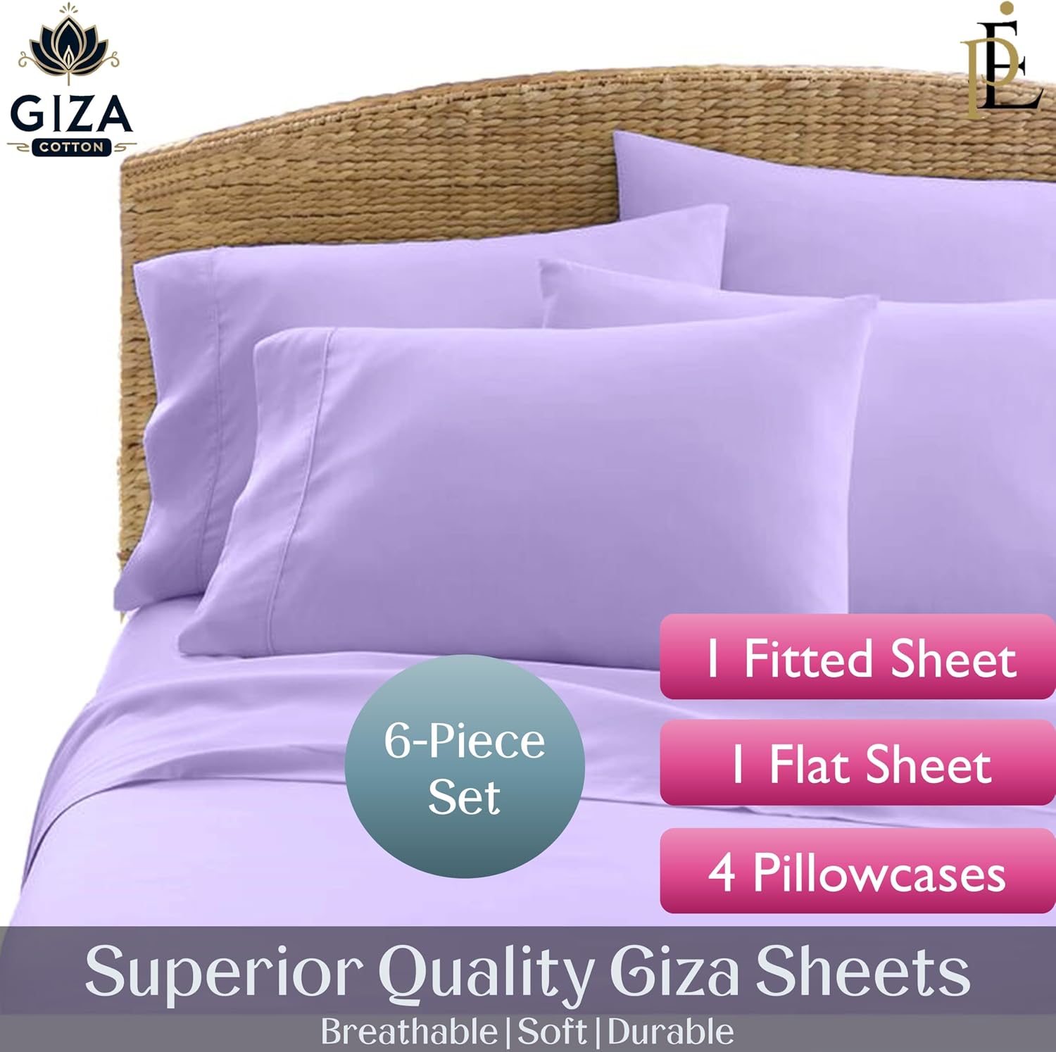 100% Giza Cotton, 1000 Thread Count, 6-PC Bed Sheet Set [Queen Size, Lilac Color] 18 inches Deep Pockets, Long Staple Cotton Breathable Soft Silky Sateen Weave