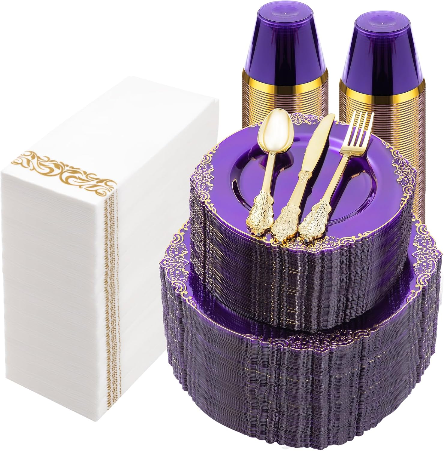 Bestluck 700PCS Clear Purple Plastic Plates for 100 Guests, Disposable Plate with Gold Trim include 100 Dinner plates, 100 Dessert Plates, 100 Gold Silverware, Cups and Napkins for Party, Graduation