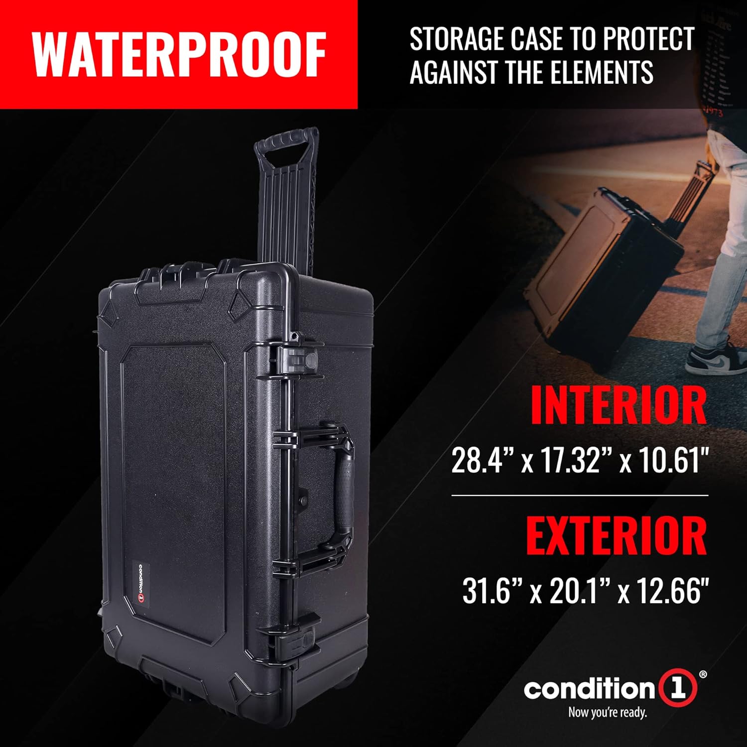 Condition 1 31' Large Waterproof Rolling Hard Travel Case Model 1258 with Wheels, Plastic Lockable, for Electronics, Tactical Gear, Made in USA, 31.6'x20.1'x12.66' Black