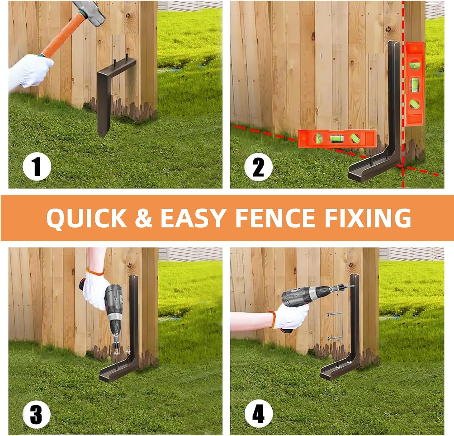 Fence Post Repair Kit, Quick Fix for Leaning/Broken 4x4/6x6 Fence Post Repair Stakes Kit Heavy Duty, Adjustable Angle, Solid Metal Anti-Rust Paint, 4 Pack/Brown