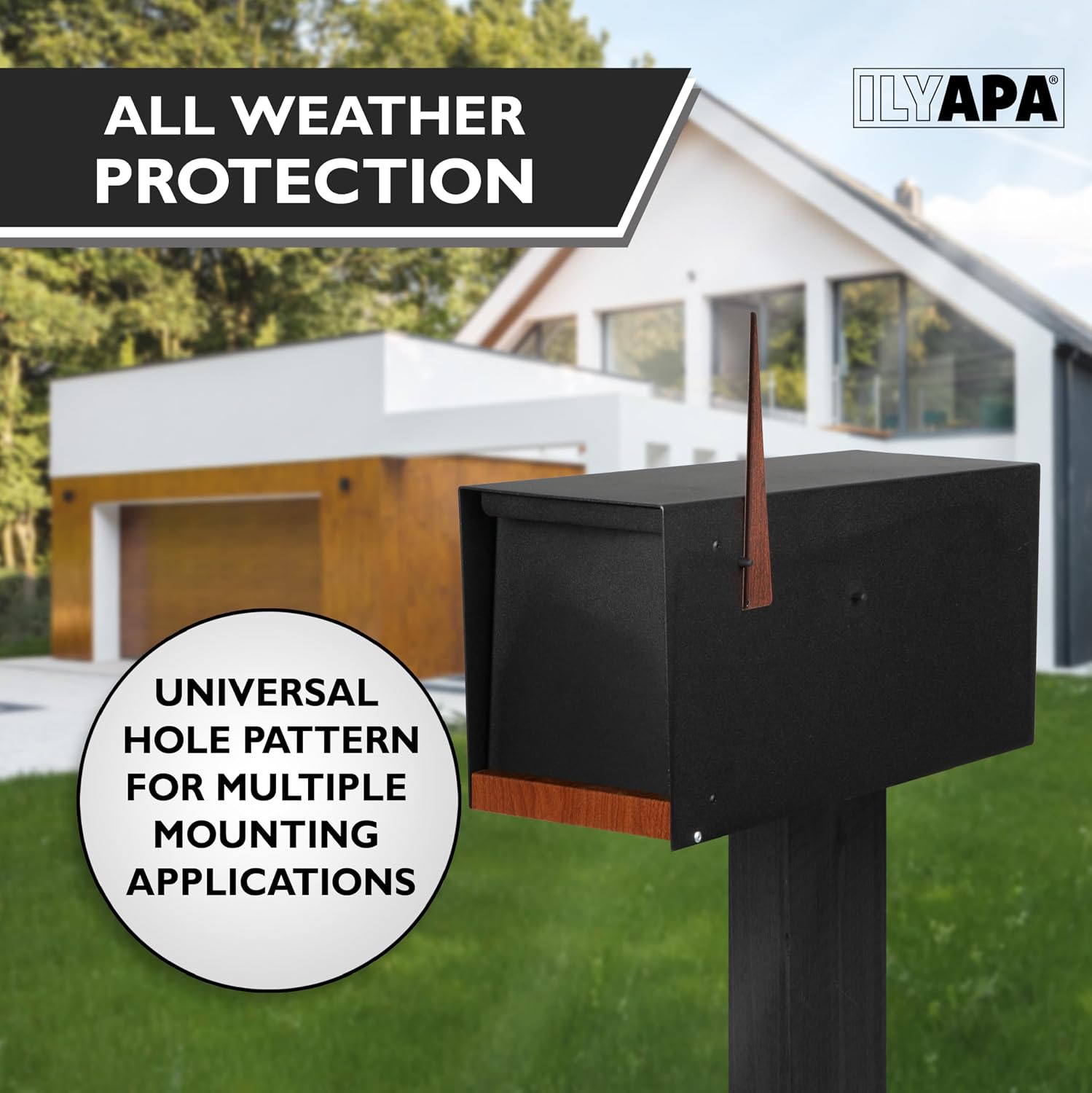 Ilyapa Modern Mailbox for Post Mount - Black Powder Coated Metal Mailbox with Printed Redwood Grain Trim - Waterproof for Parcels, Magnetic Close Door