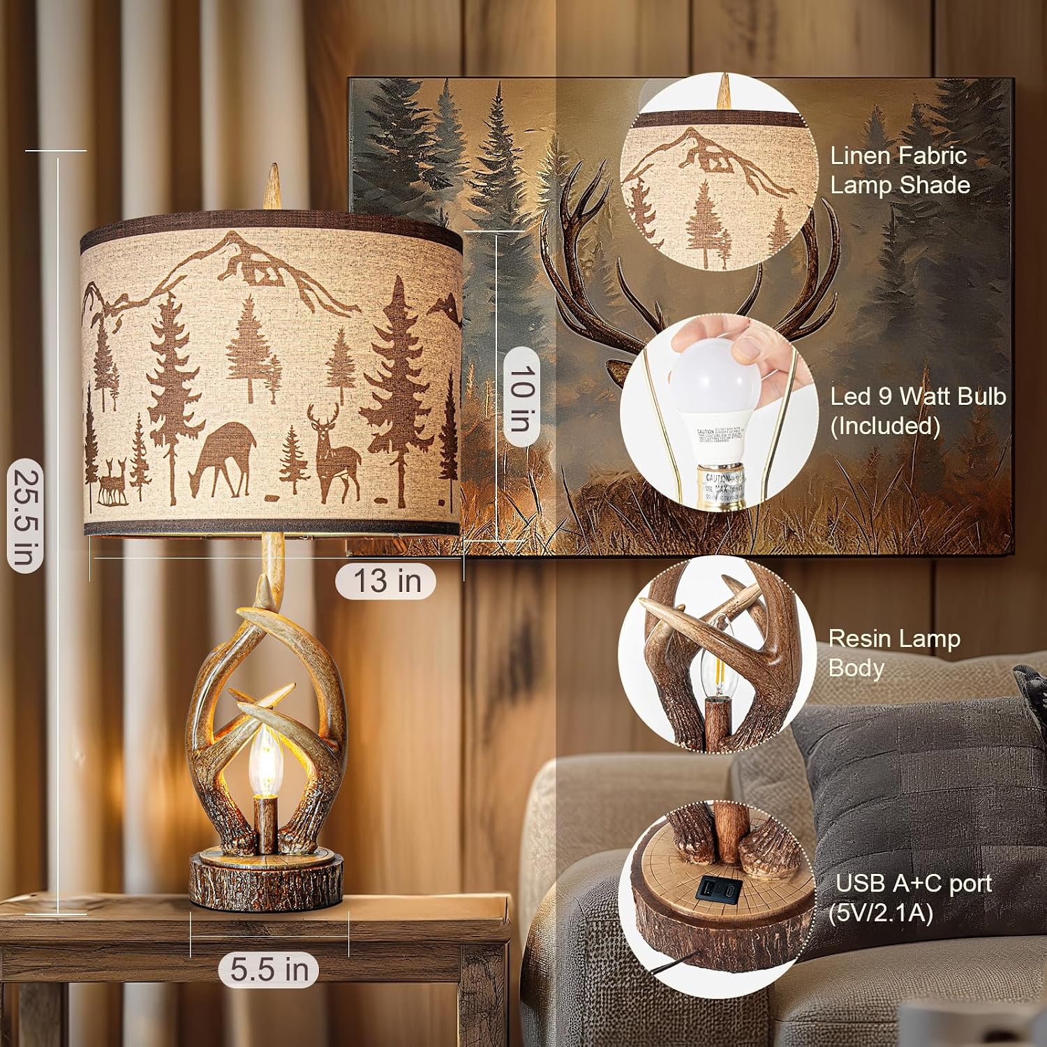Scenekoy Antlers Style Table Lamp Set of 2 Rustic Bedside Lamp with Night Light Linen Fabric Shade Farmhouse Nightstand Lamps Decor for Living Room Bedroom House Home Office (Bulb Included)