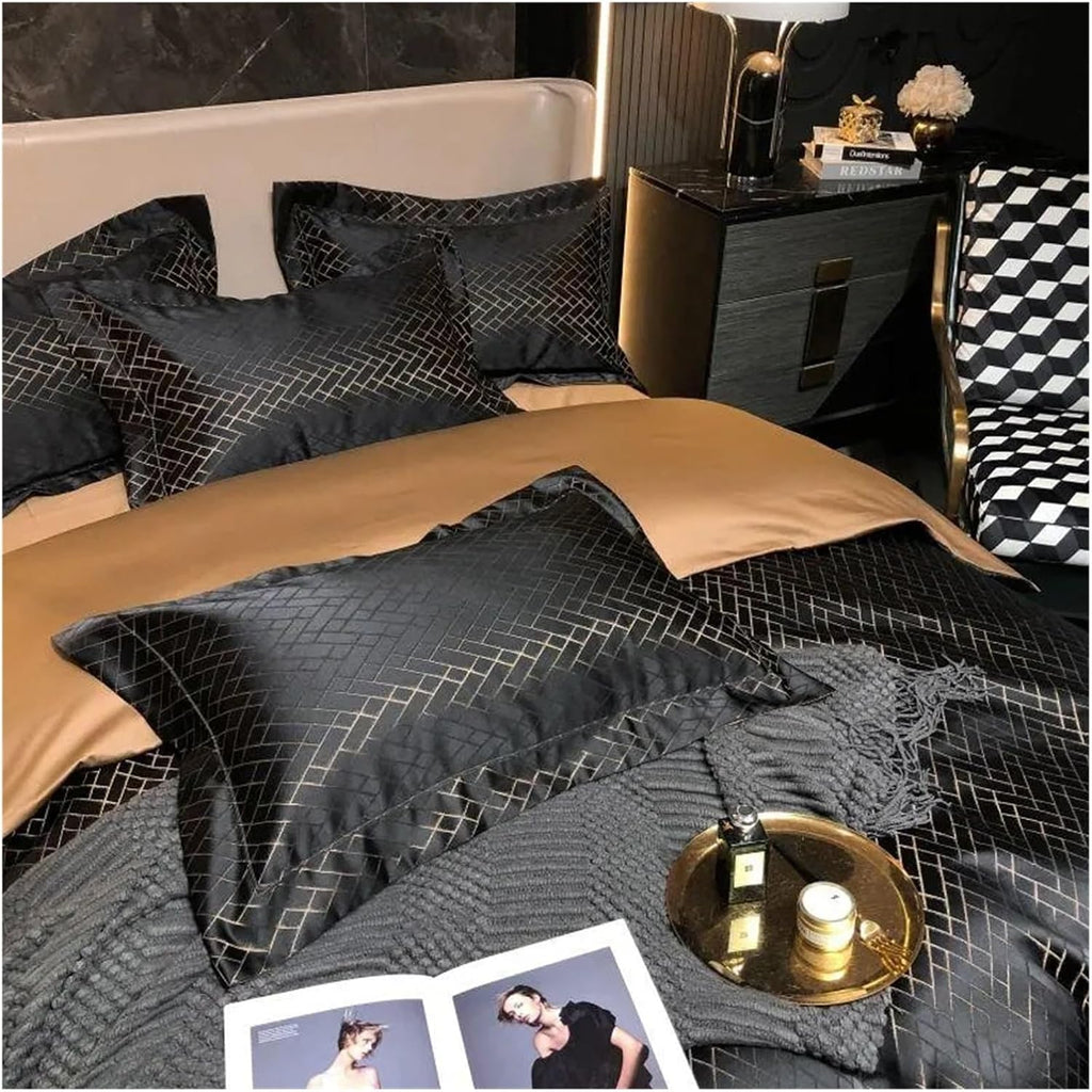 Luxury Black Gold Yarndyed Jacquard Egyptian Cotton Smooth Duvet Cover Queen King Bedding Set Flat Sheet Pillowcases, for All Seasons(Black Gold,Queen)