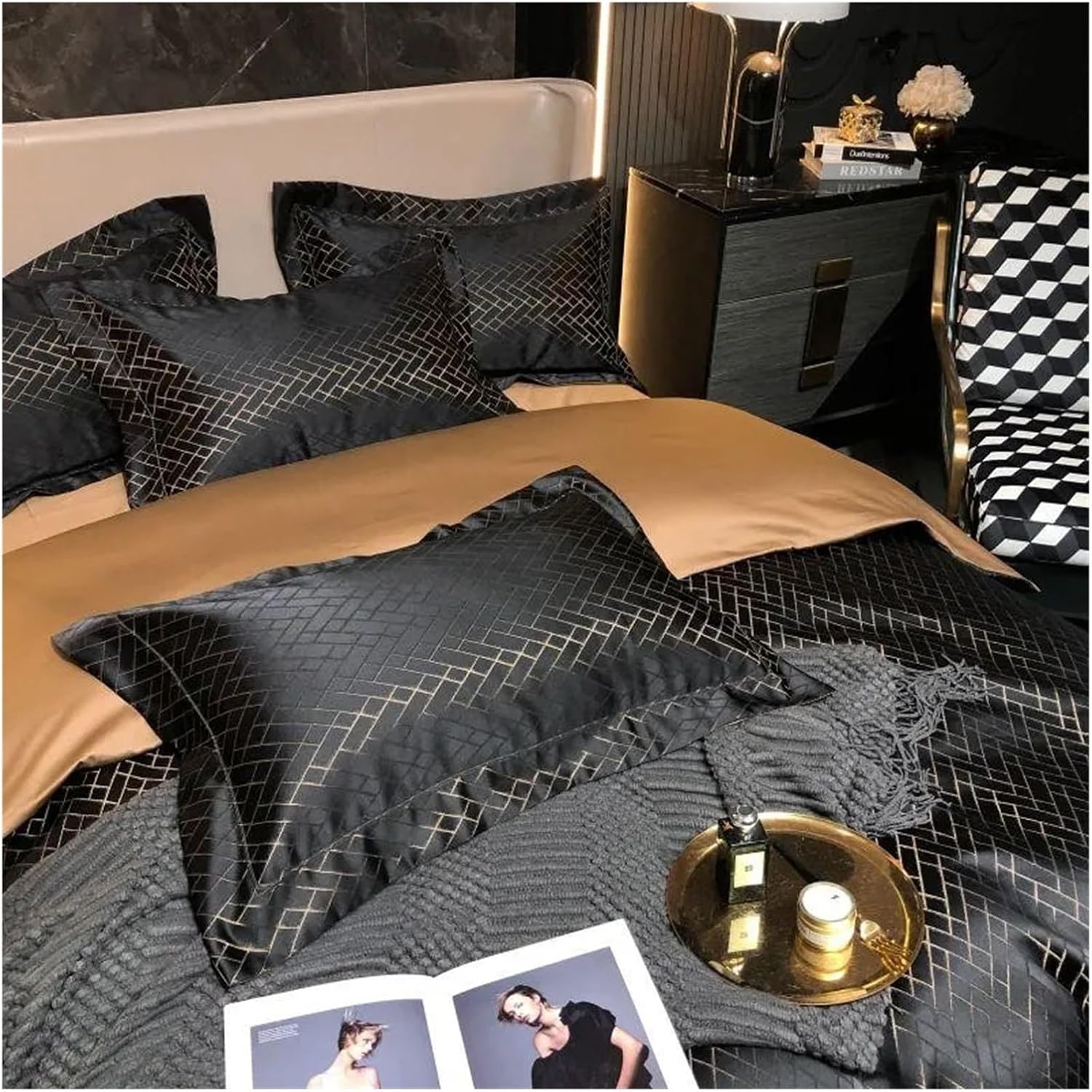 Luxury Black Gold Yarndyed Jacquard Egyptian Cotton Smooth Duvet Cover Queen King Bedding Set Flat Sheet Pillowcases, for All Seasons(Black Gold,Queen)
